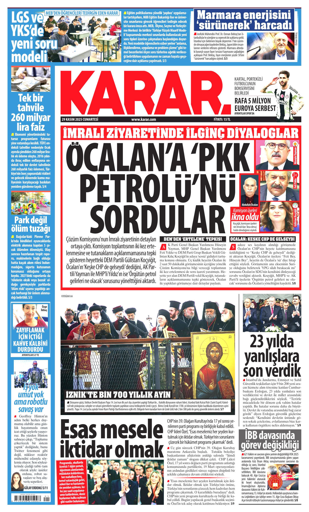 KARAR gazetesinin 29 Kasım 2025 tarihli birinci sayfası