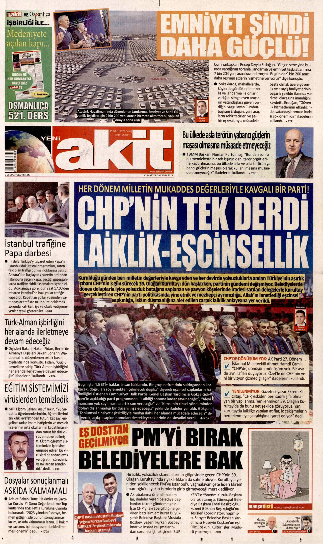 YENİ AKİT gazetesinin 29 Kasım 2025 tarihli birinci sayfası