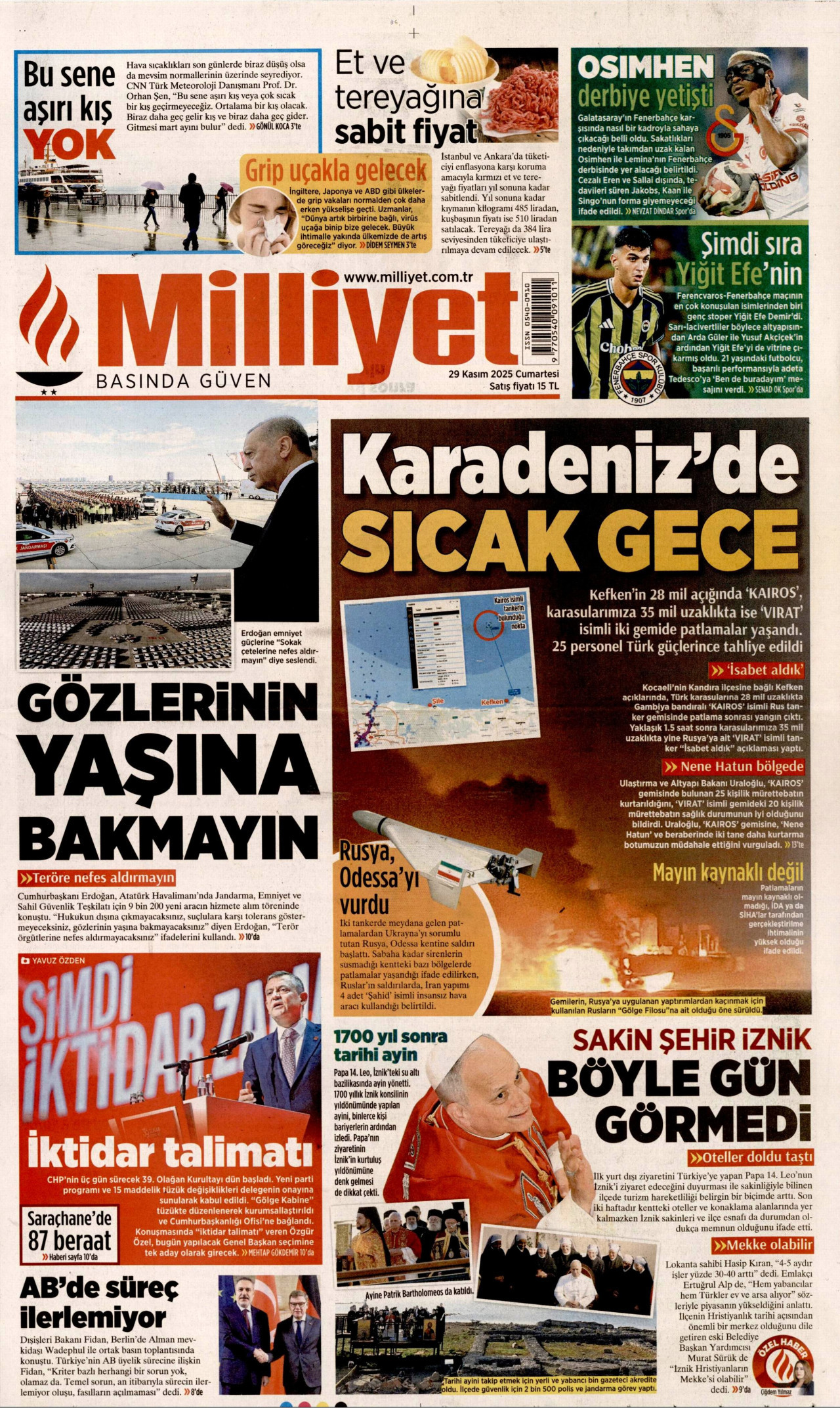 MİLLİYET gazetesinin 29 Kasım 2025 tarihli birinci sayfası