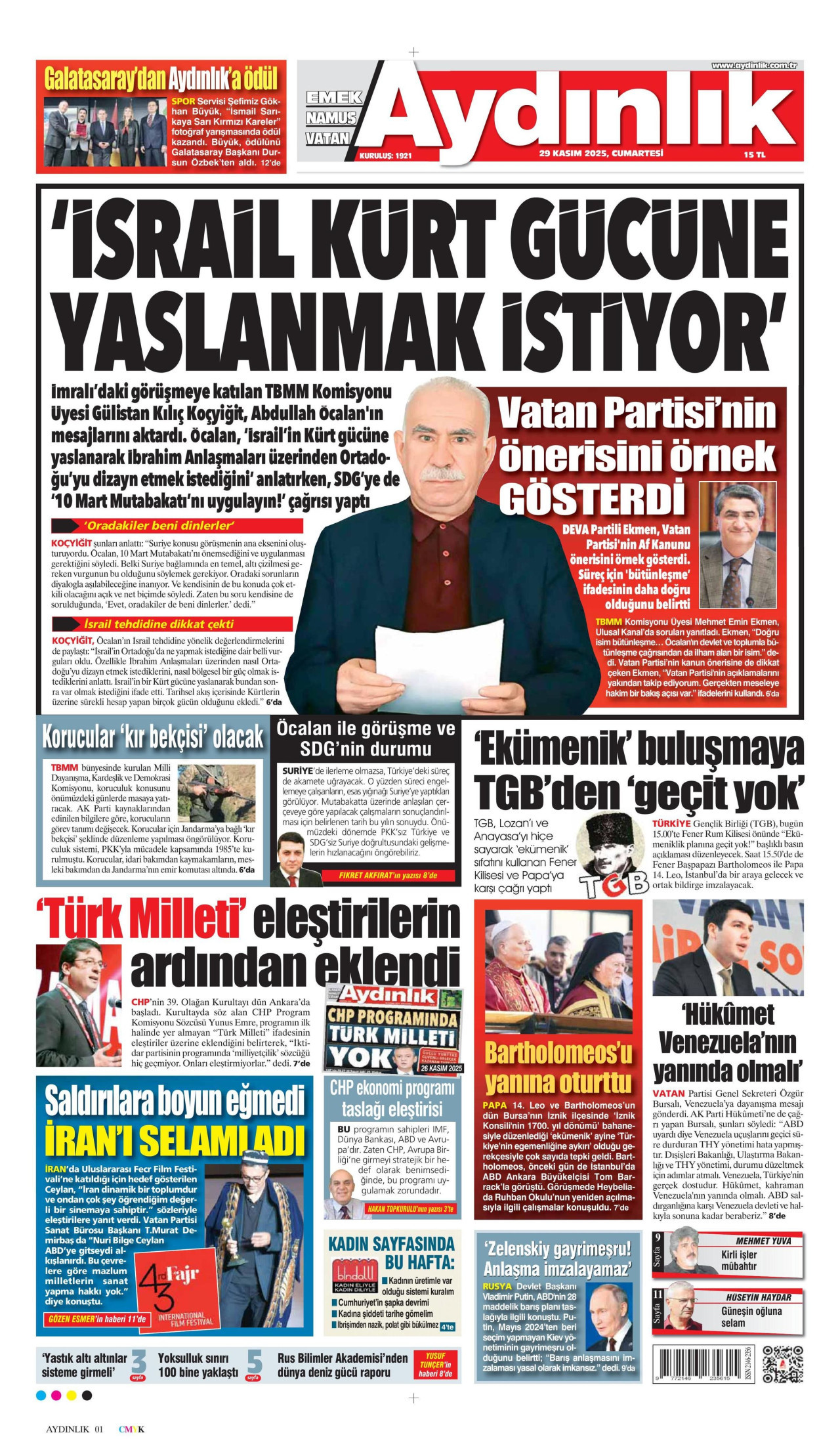 AYDINLIK GAZETESİ gazetesinin 29 Kasım 2025 tarihli birinci sayfası