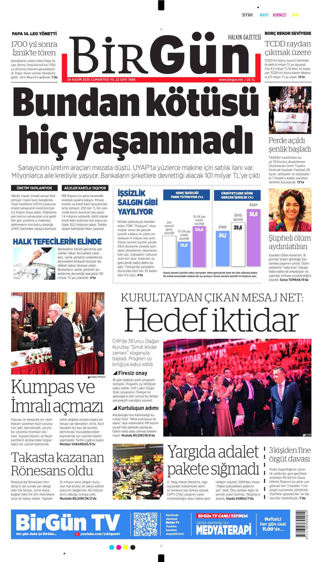BİRGÜN gazetesinin 29 Kasım 2025 tarihli birinci sayfası