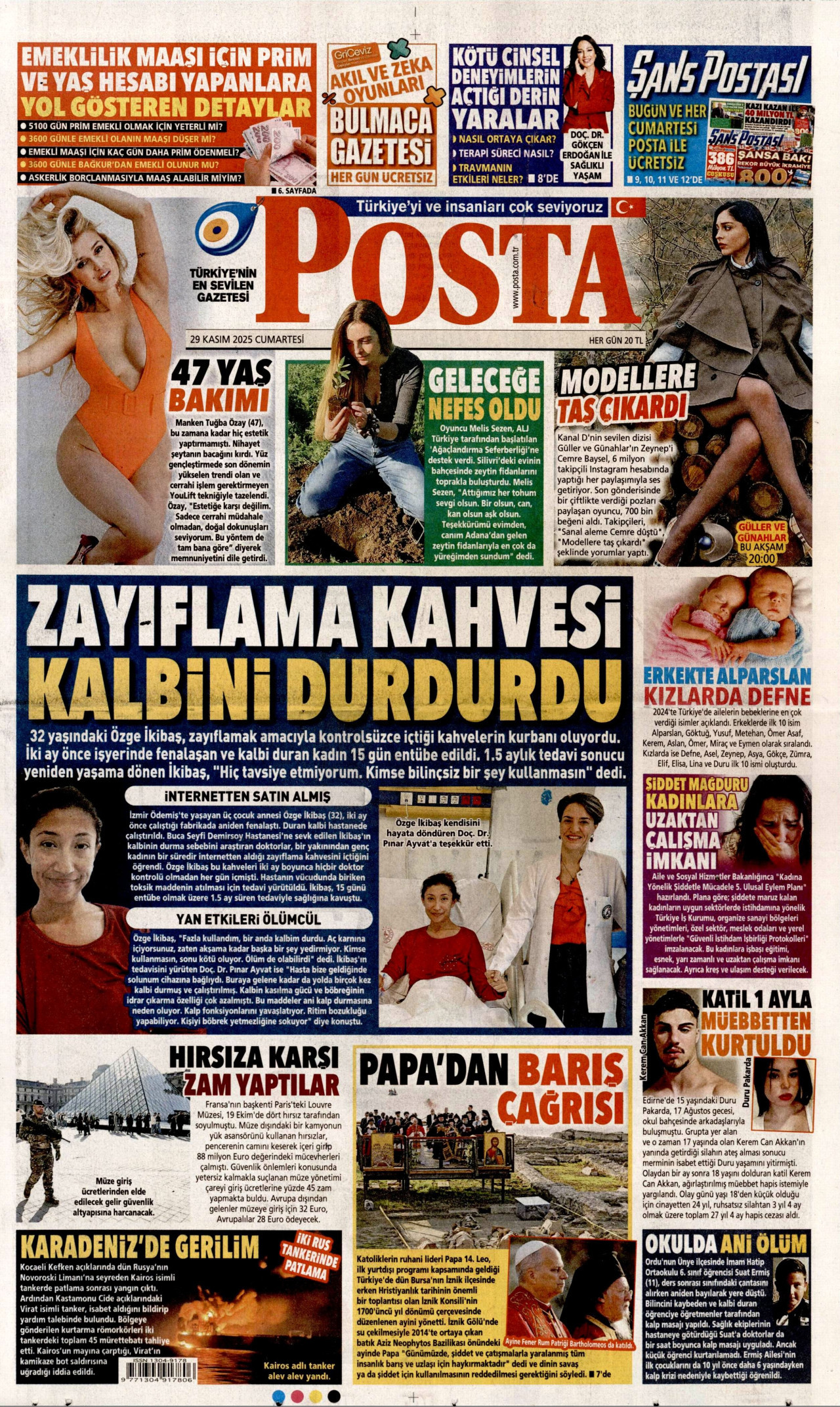 POSTA gazetesinin 29 Kasım 2025 tarihli birinci sayfası