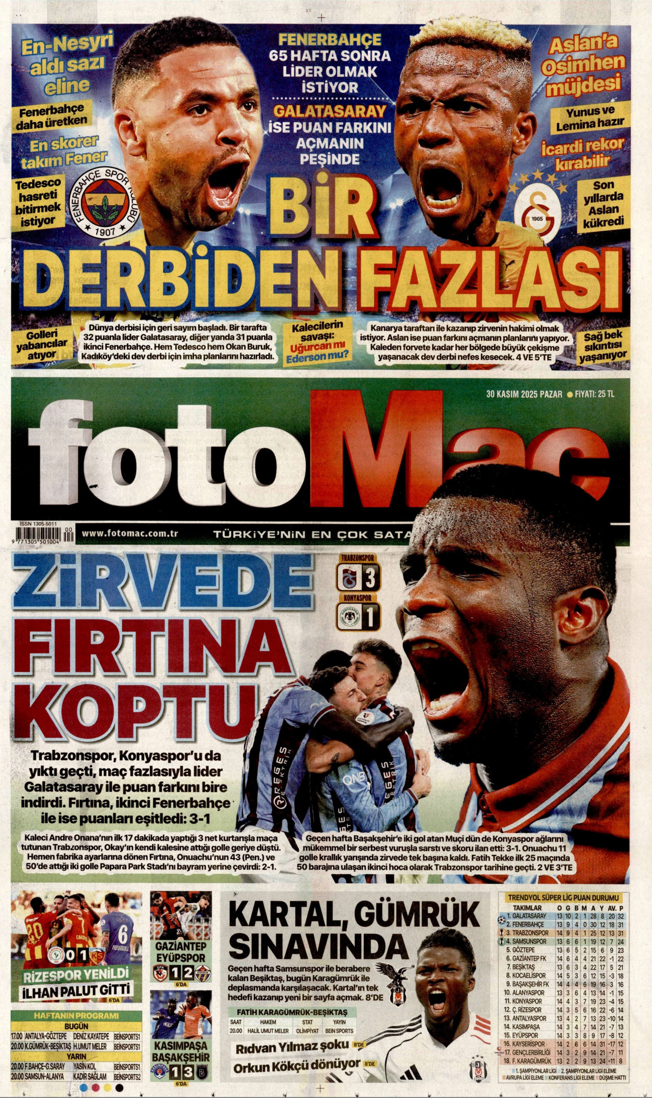 FOTOMAÇ gazetesinin 30 Kasım 2025 tarihli birinci sayfası