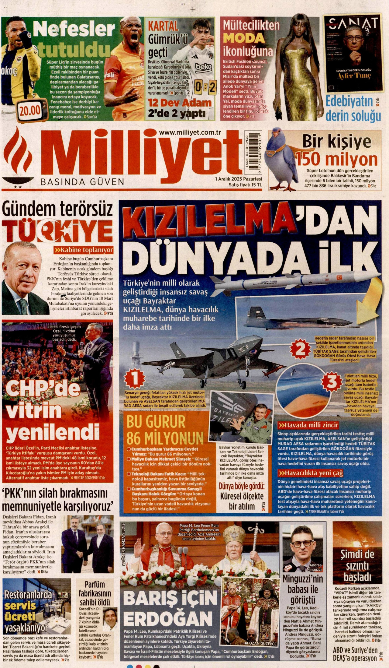 MİLLİYET gazetesinin 1 Aralık 2025 tarihli birinci sayfası