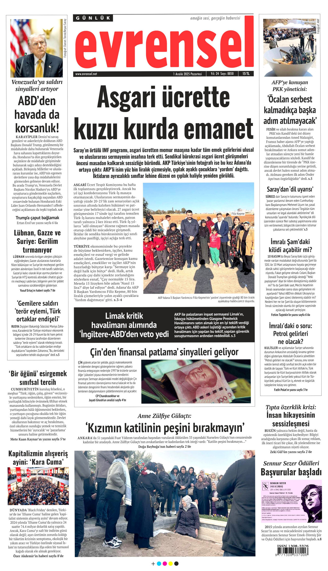 EVRENSEL gazetesinin 1 Aralık 2025 tarihli birinci sayfası