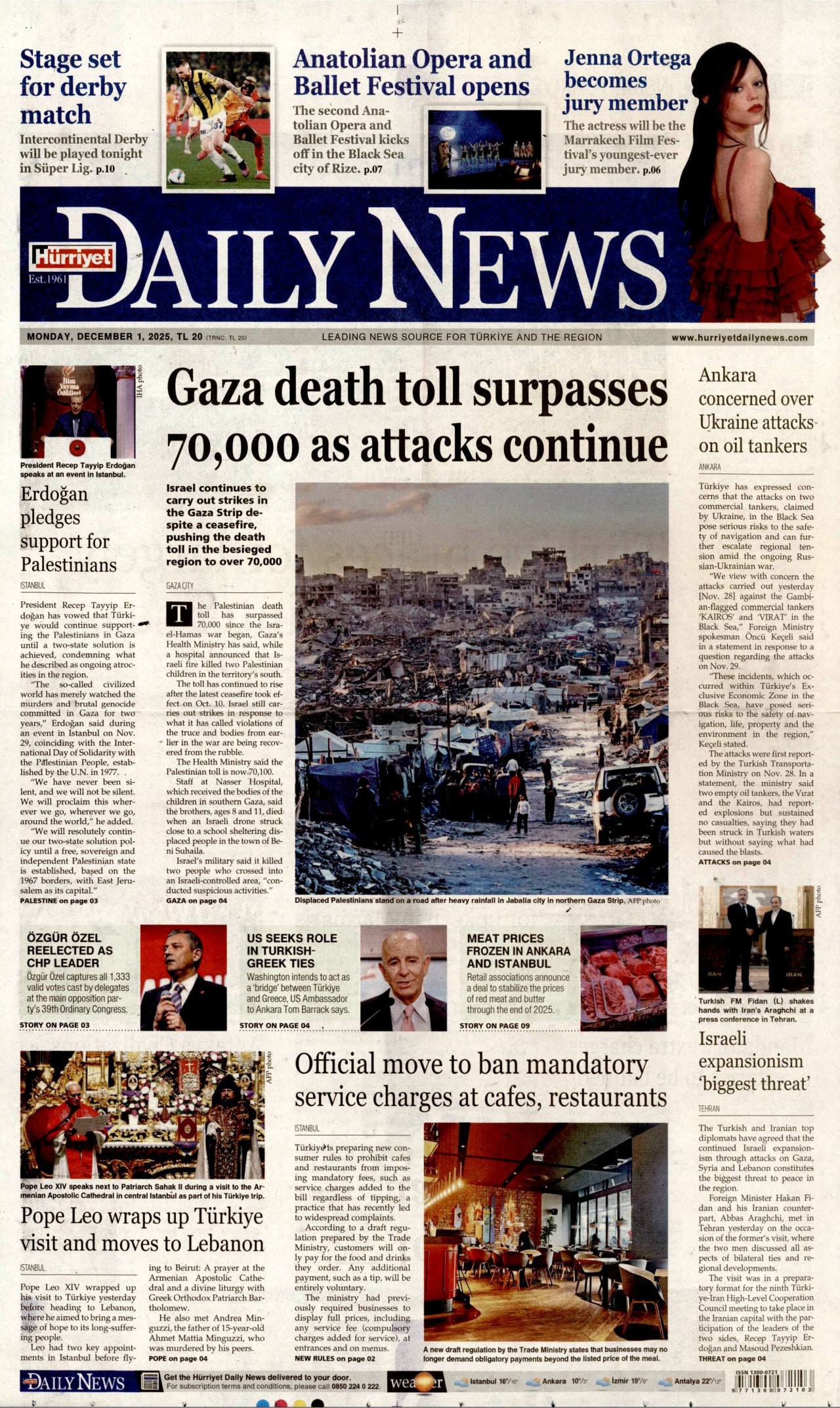 HÜRRİYET DAİLY NEWS gazetesinin 1 Aralık 2025 tarihli birinci sayfası