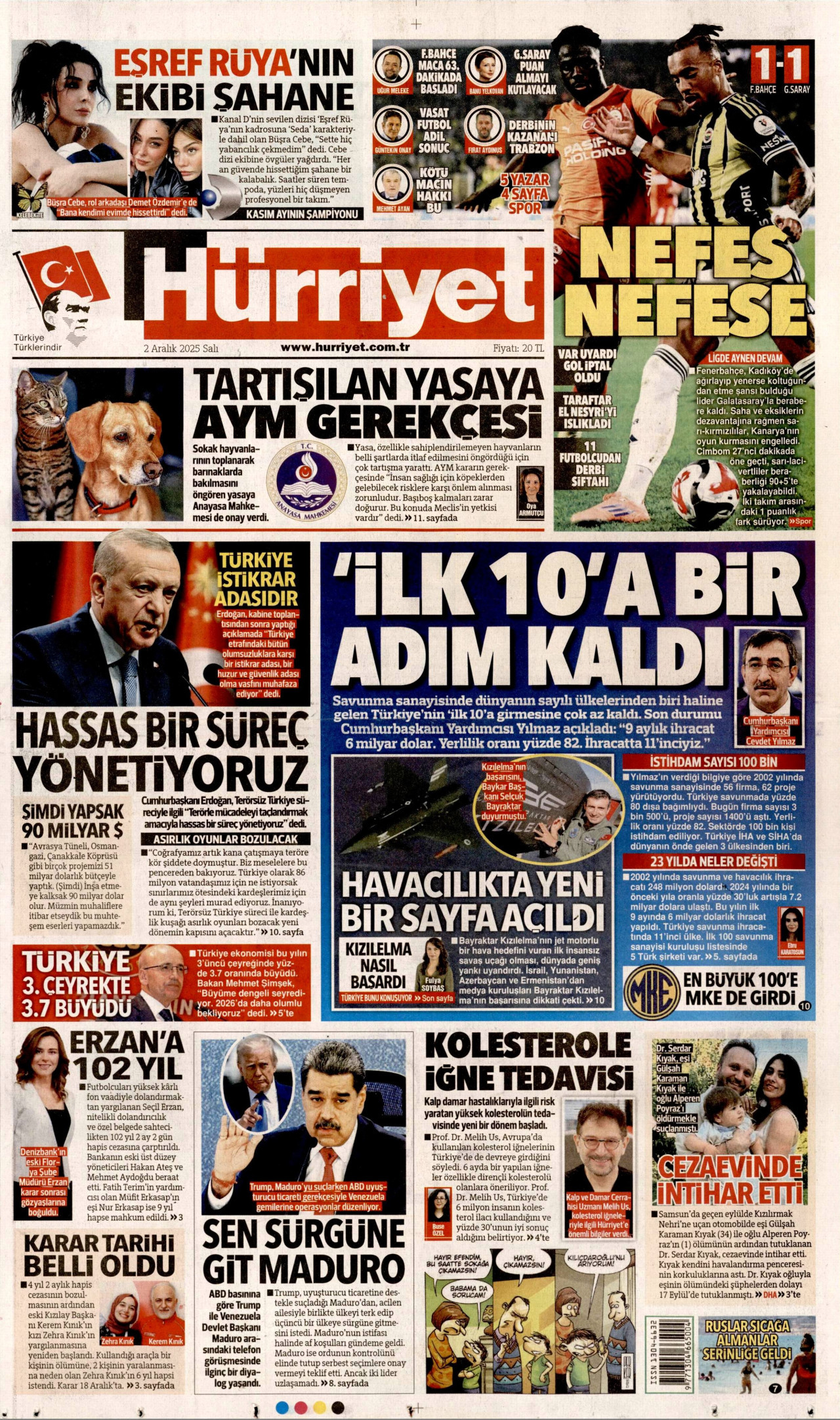HÜRRİYET gazetesinin 2 Aralık 2025 tarihli birinci sayfası
