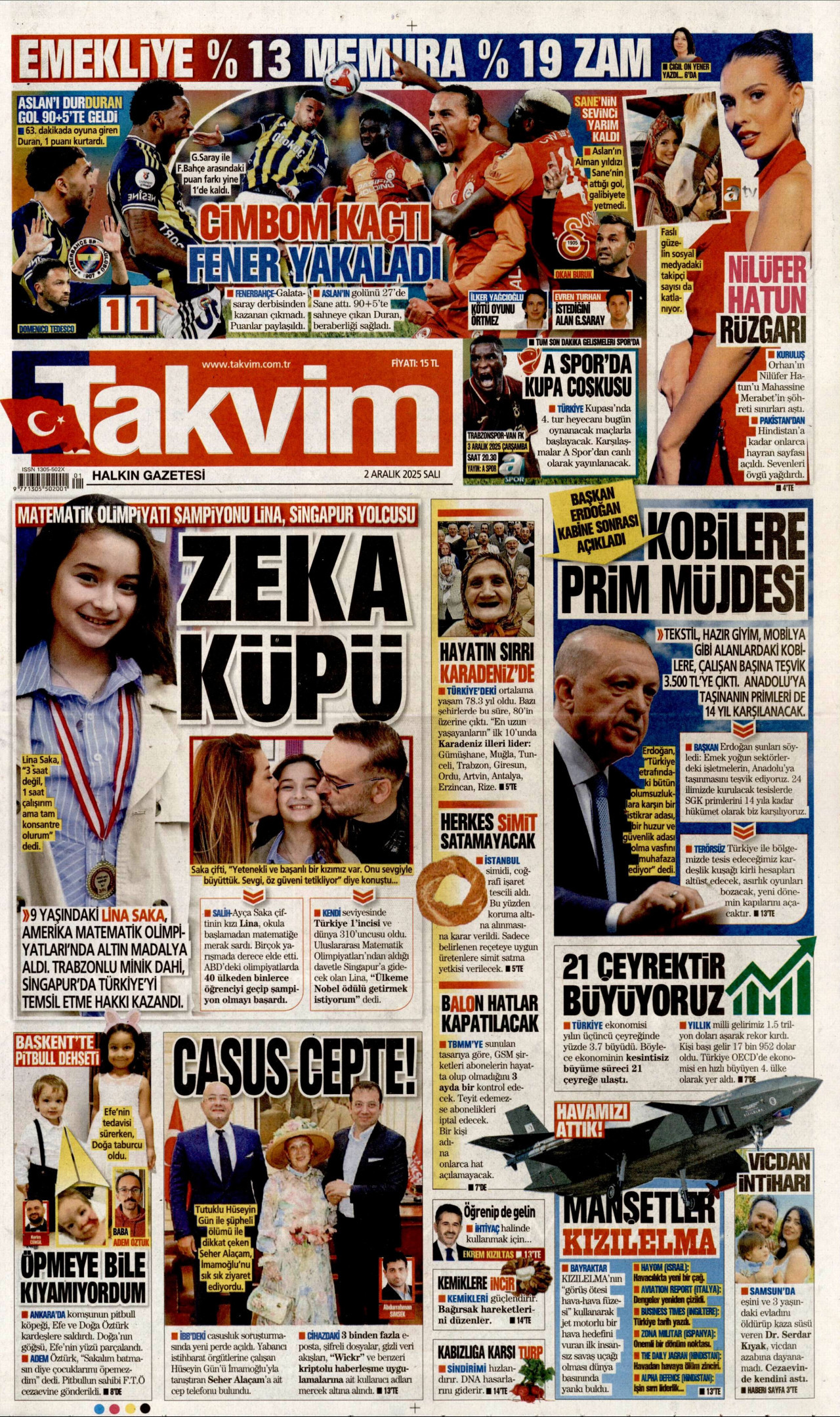 TAKVİM gazetesinin 2 Aralık 2025 tarihli birinci sayfası