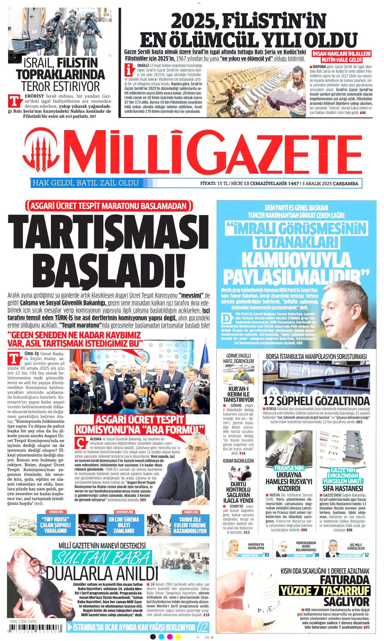 MİLLİ GAZETE gazetesinin 3 Aralık 2025 tarihli birinci sayfası