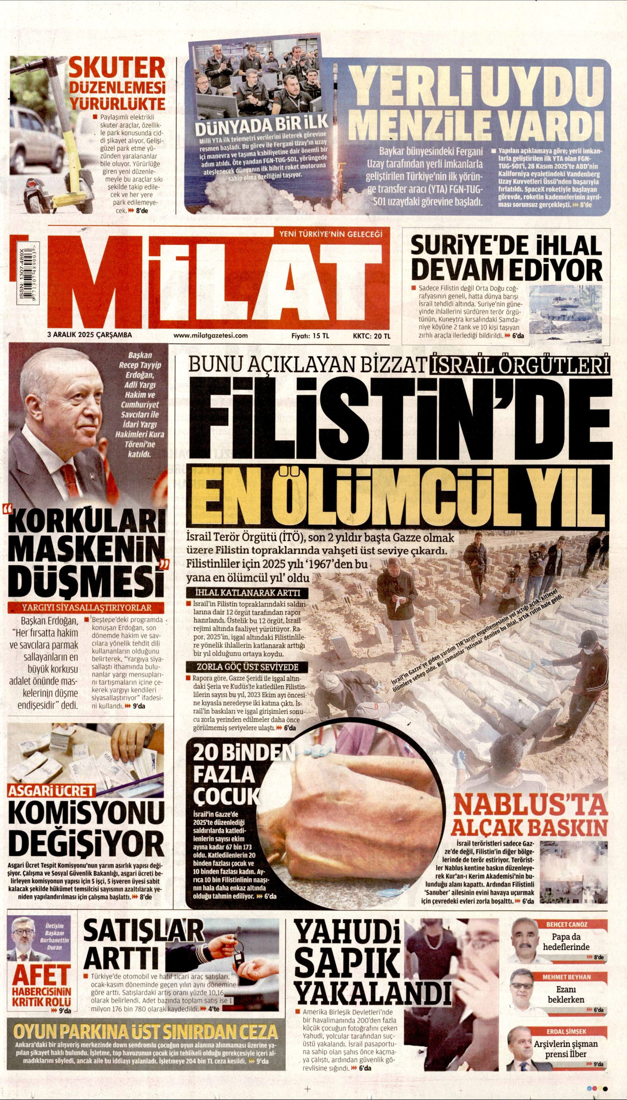 MİLAT gazetesinin 3 Aralık 2025 tarihli birinci sayfası