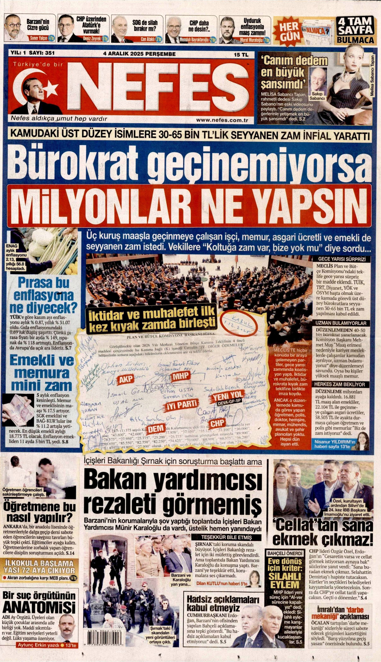 NEFES gazetesinin 4 Aralık 2025 tarihli birinci sayfası
