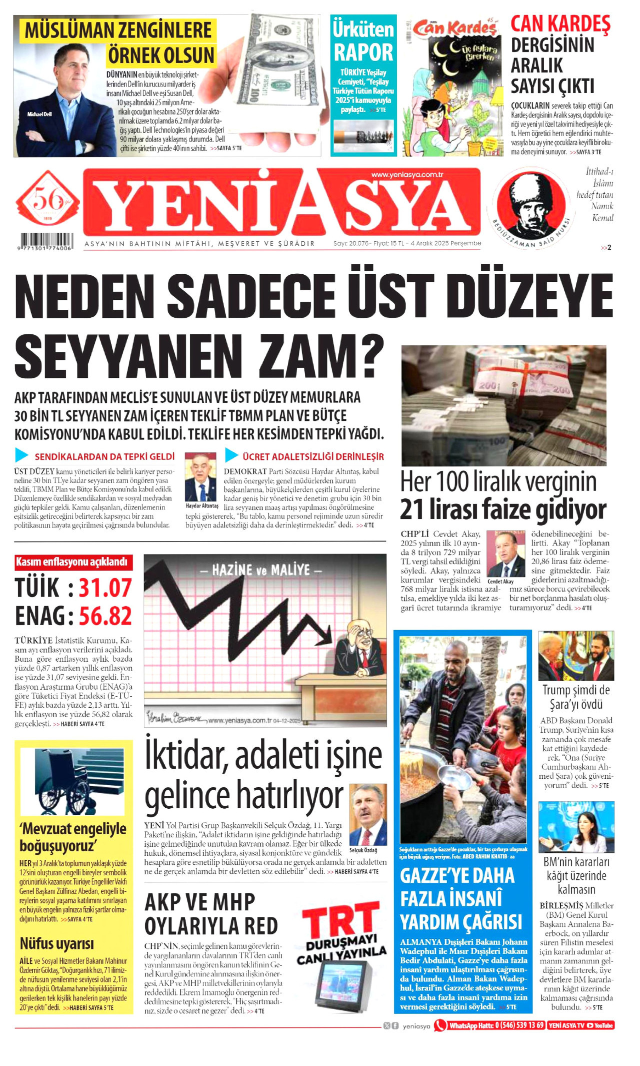 YENİ ASYA gazetesinin 4 Aralık 2025 tarihli birinci sayfası