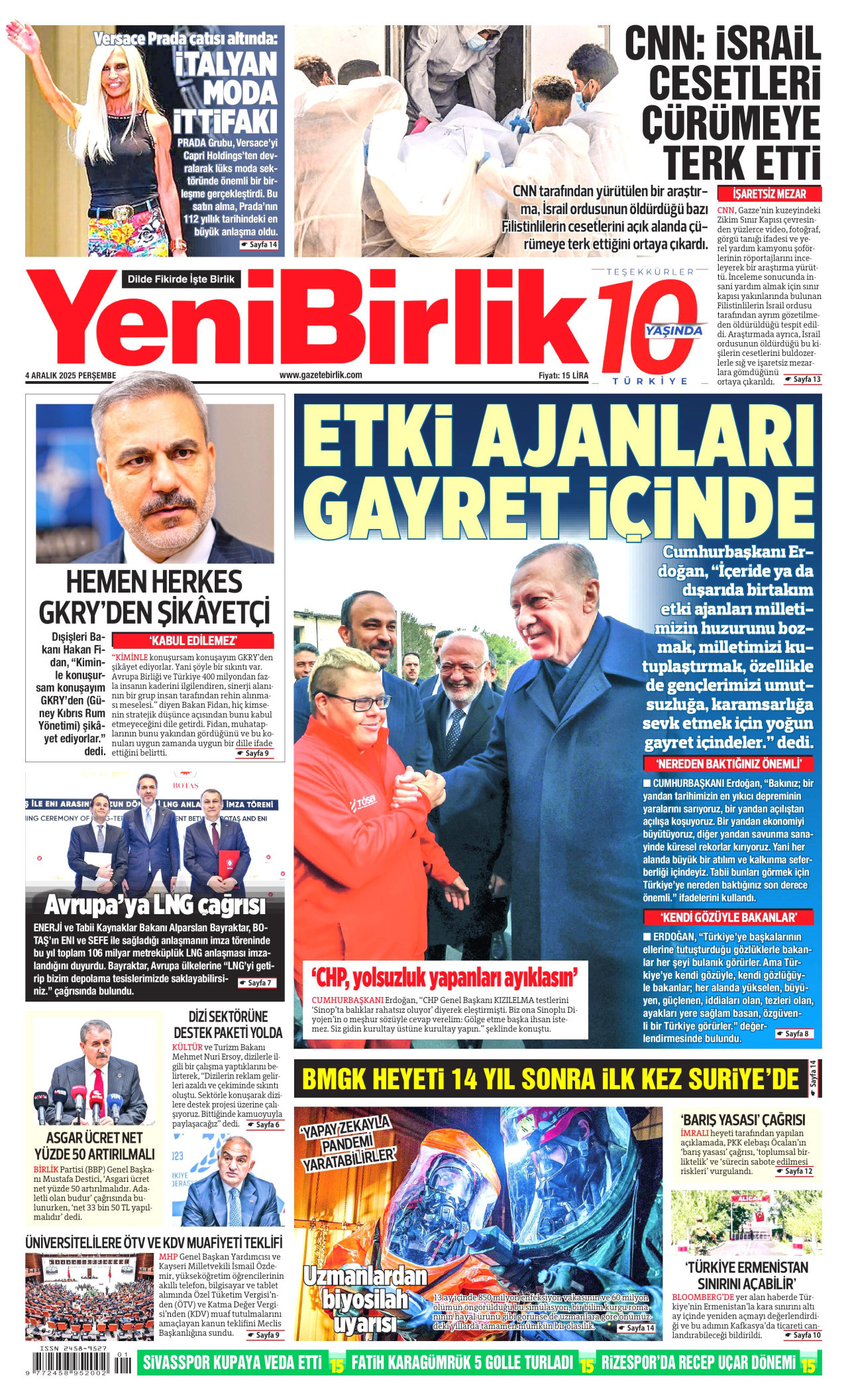 YENİBİRLİK gazetesinin 4 Aralık 2025 tarihli birinci sayfası