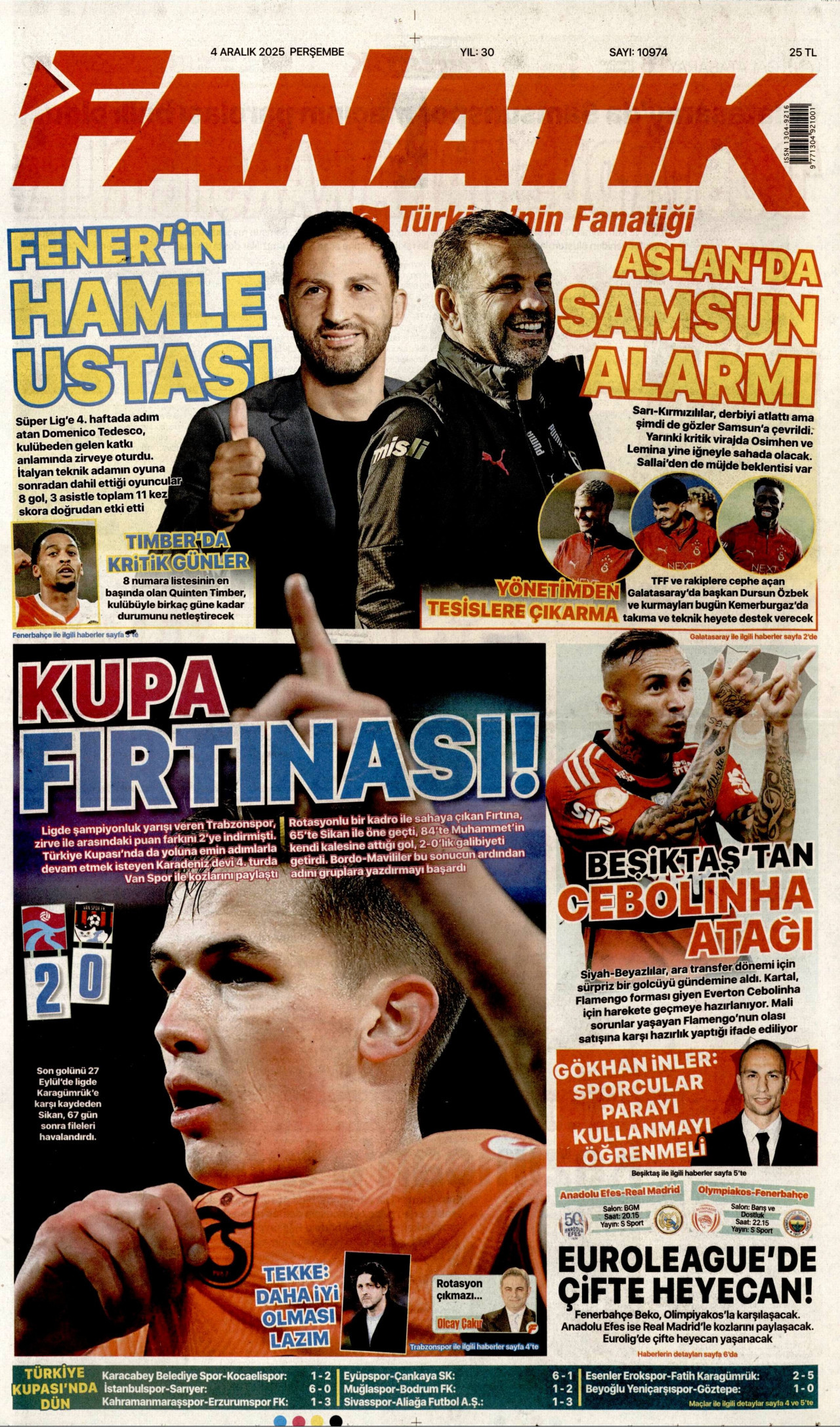 FANATİK gazetesinin 4 Aralık 2025 tarihli birinci sayfası