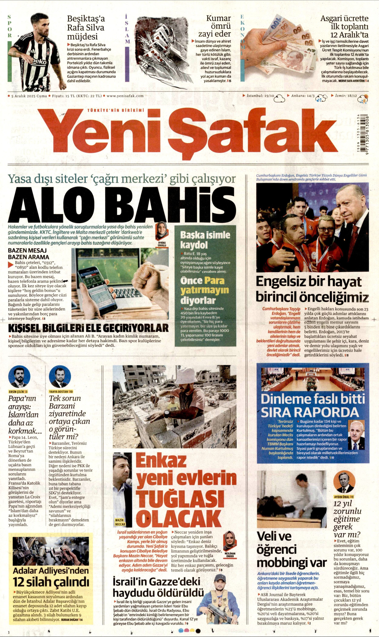 YENİ ŞAFAK gazetesinin 5 Aralık 2025 tarihli birinci sayfası