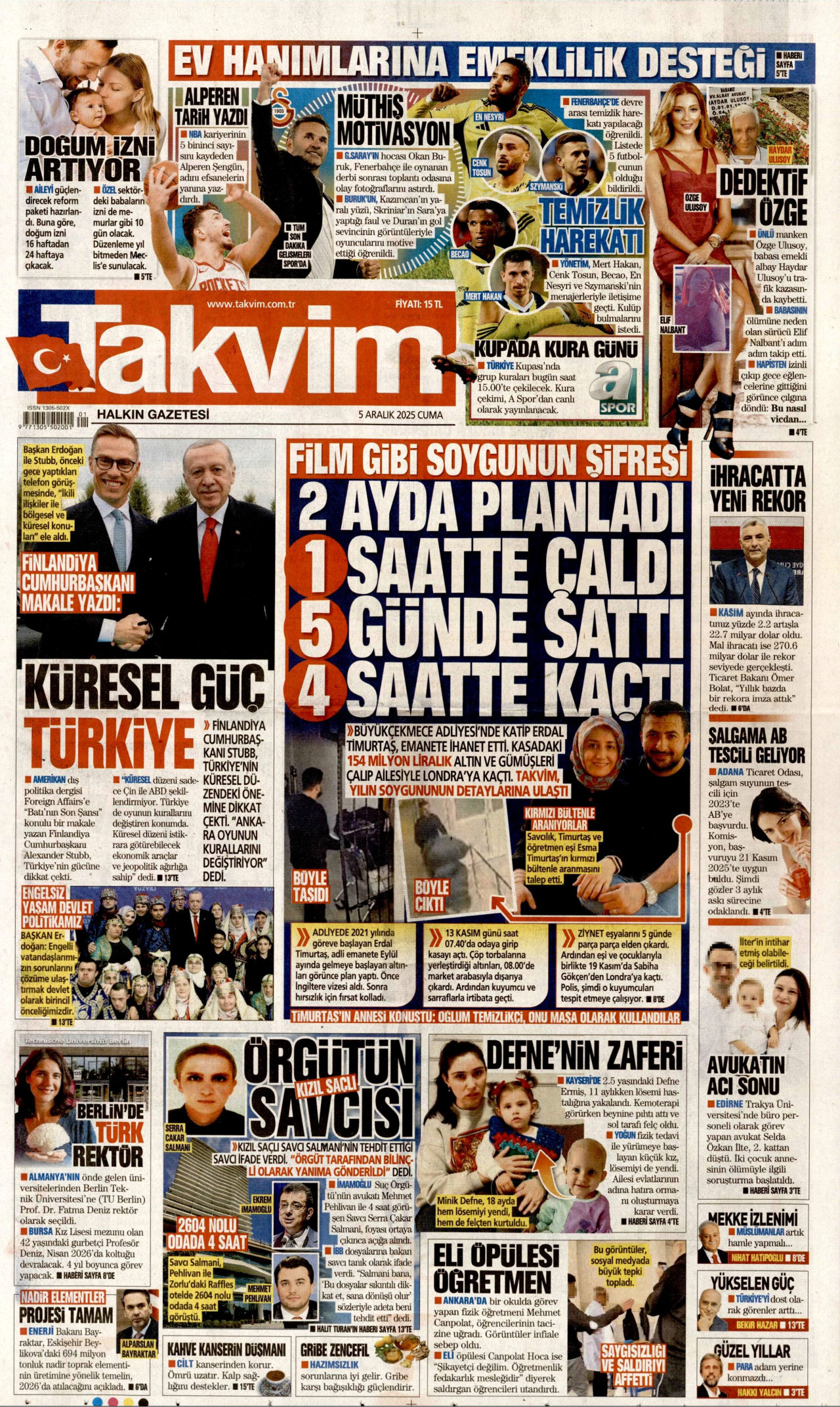 TAKVİM gazetesinin 5 Aralık 2025 tarihli birinci sayfası