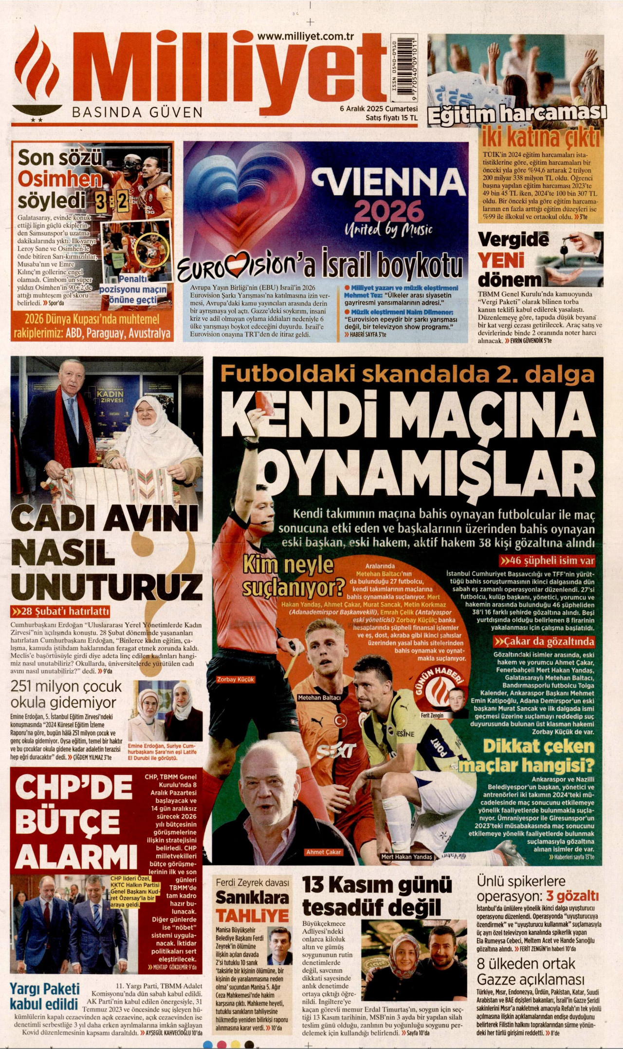 MİLLİYET gazetesinin 6 Aralık 2025 tarihli birinci sayfası