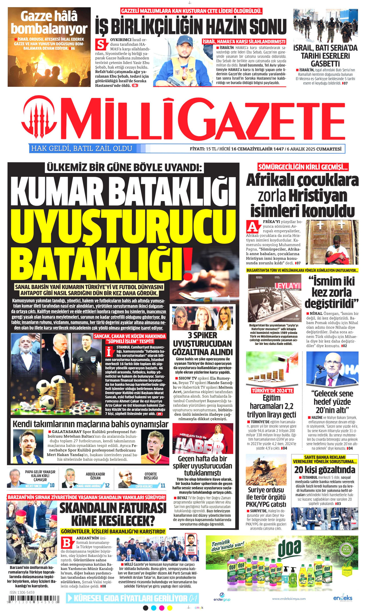 MİLLİ GAZETE gazetesinin 6 Aralık 2025 tarihli birinci sayfası
