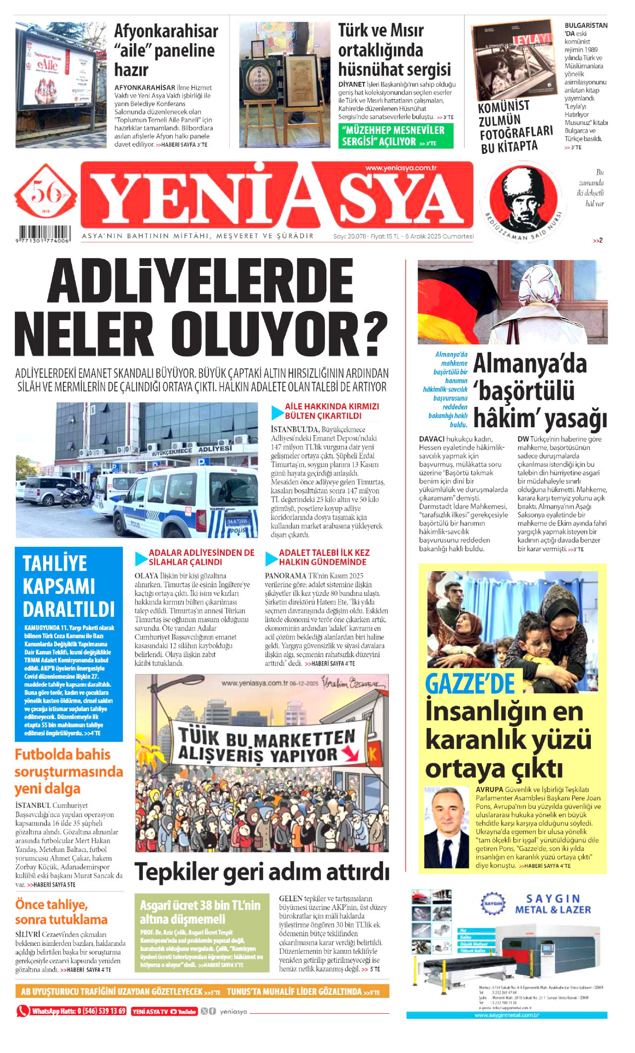 YENİ ASYA gazetesinin 6 Aralık 2025 tarihli birinci sayfası