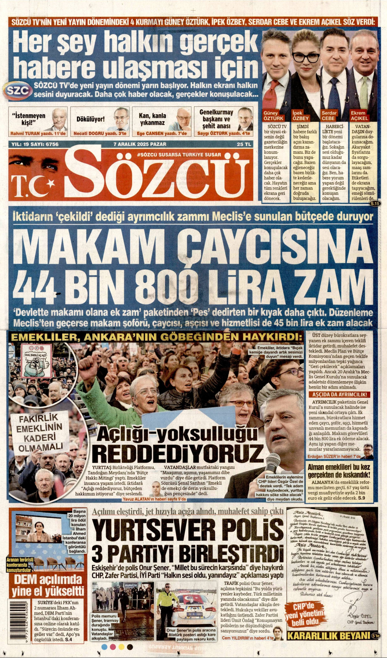 SÖZCÜ gazetesinin 7 Aralık 2025 tarihli birinci sayfası