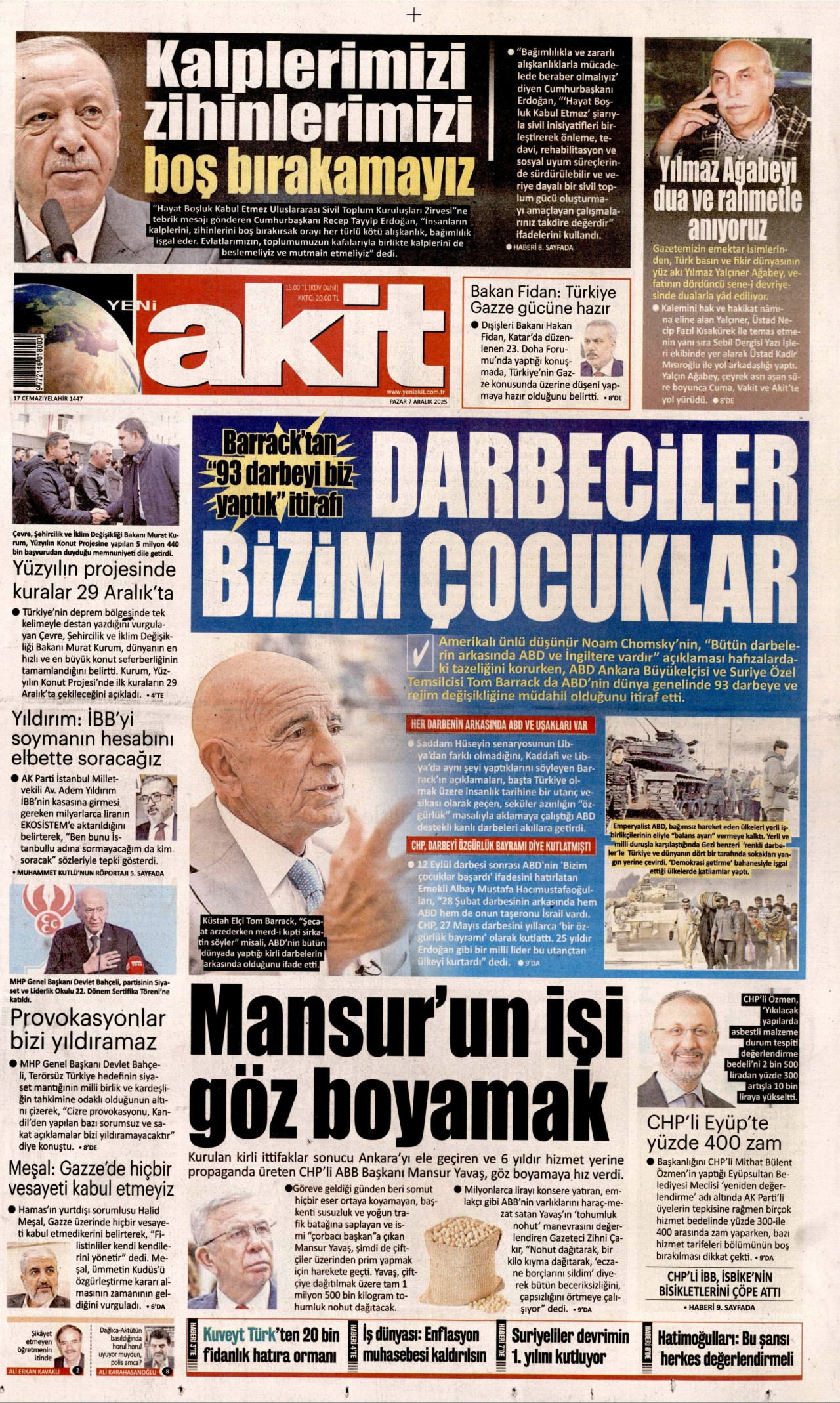 YENİ AKİT gazetesinin 7 Aralık 2025 tarihli birinci sayfası