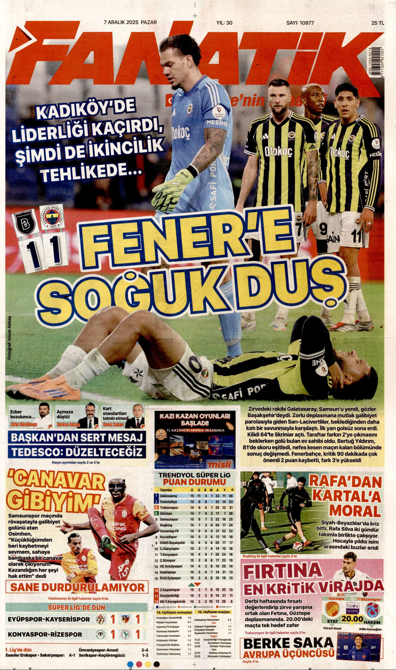 FANATİK gazetesinin 7 Aralık 2025 tarihli birinci sayfası