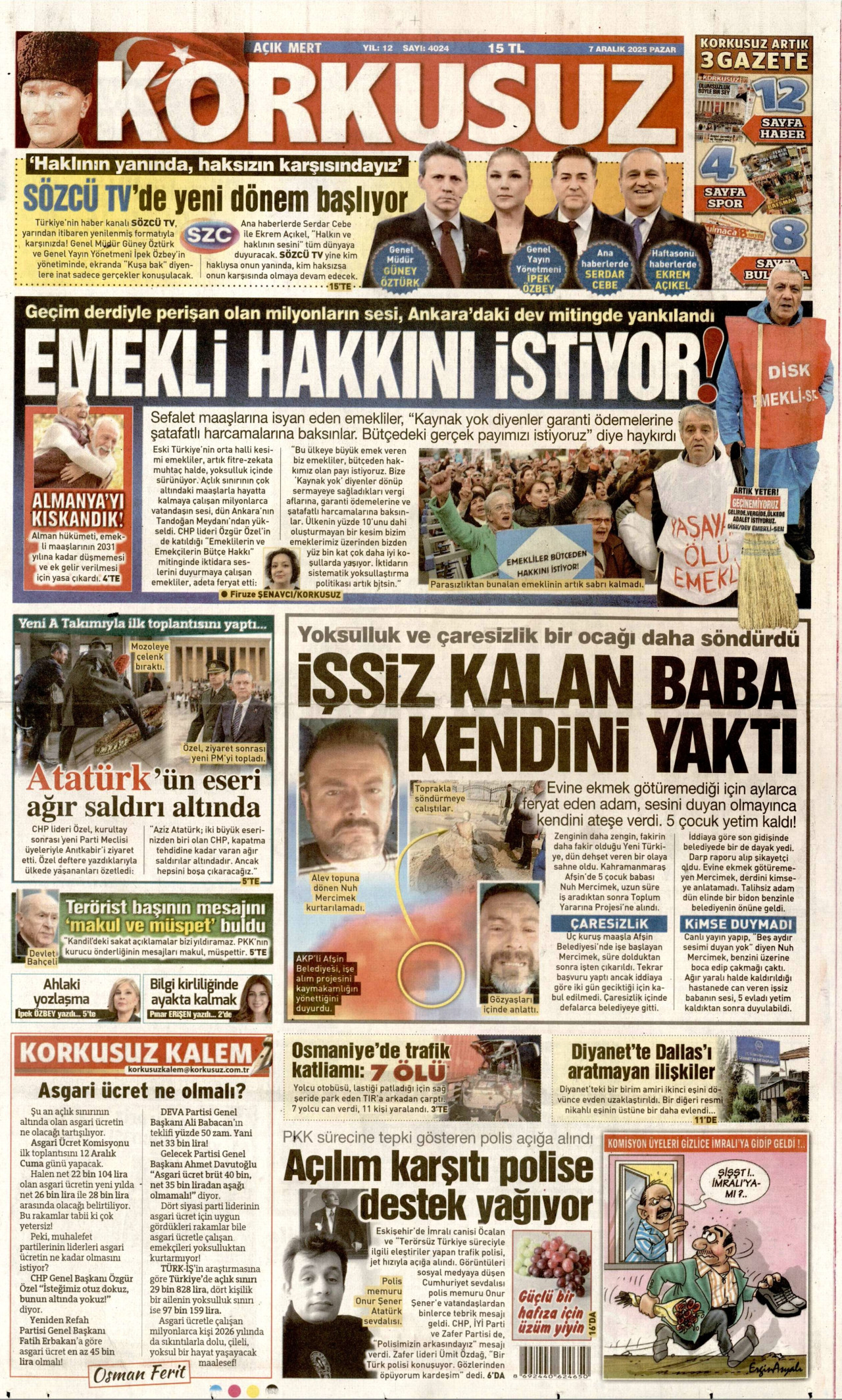 KORKUSUZ gazetesinin 7 Aralık 2025 tarihli birinci sayfası
