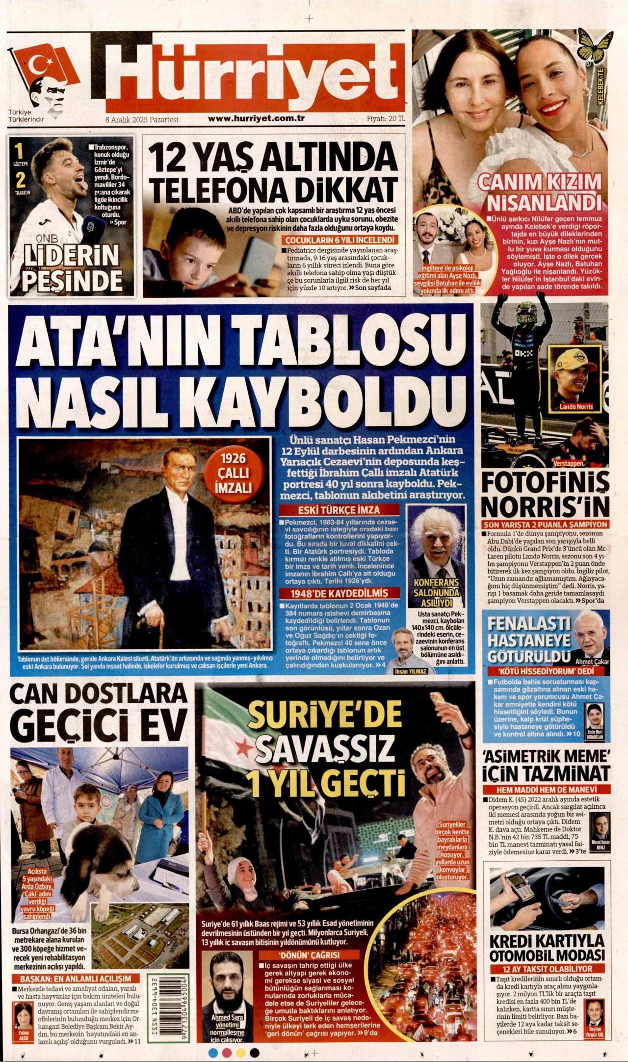 HÜRRİYET gazetesinin 8 Aralık 2025 tarihli birinci sayfası