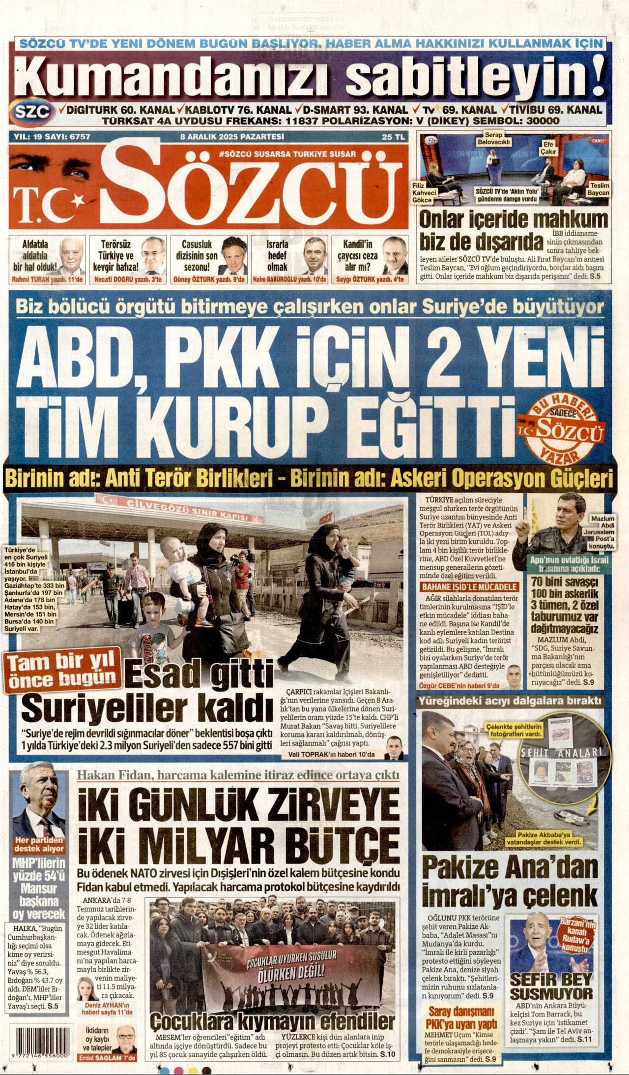SÖZCÜ gazetesinin 8 Aralık 2025 tarihli birinci sayfası