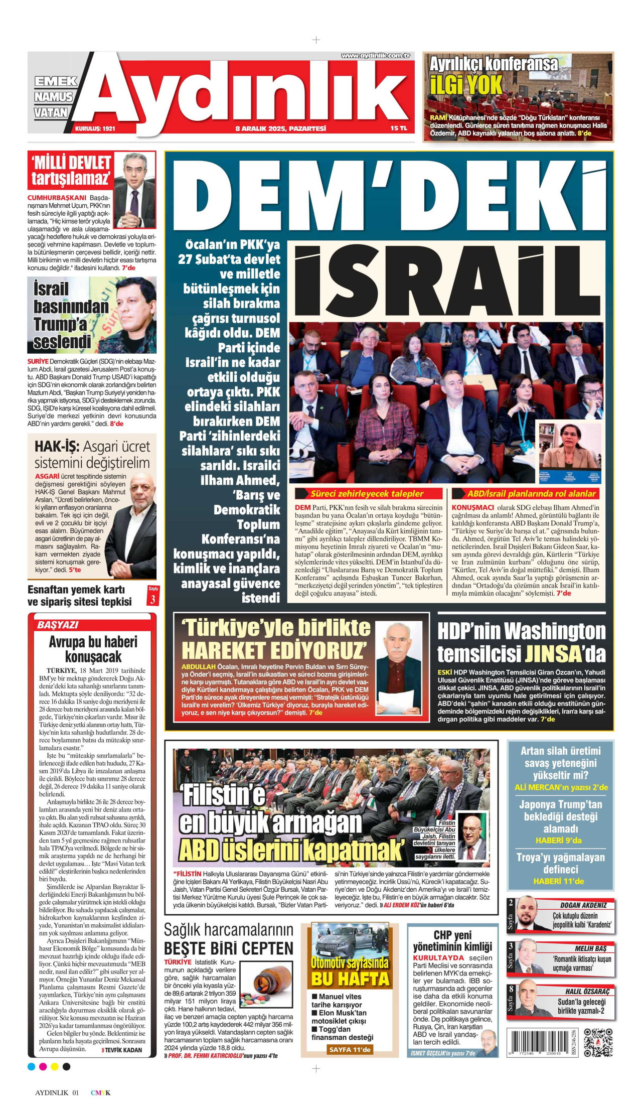 AYDINLIK GAZETESİ gazetesinin 8 Aralık 2025 tarihli birinci sayfası