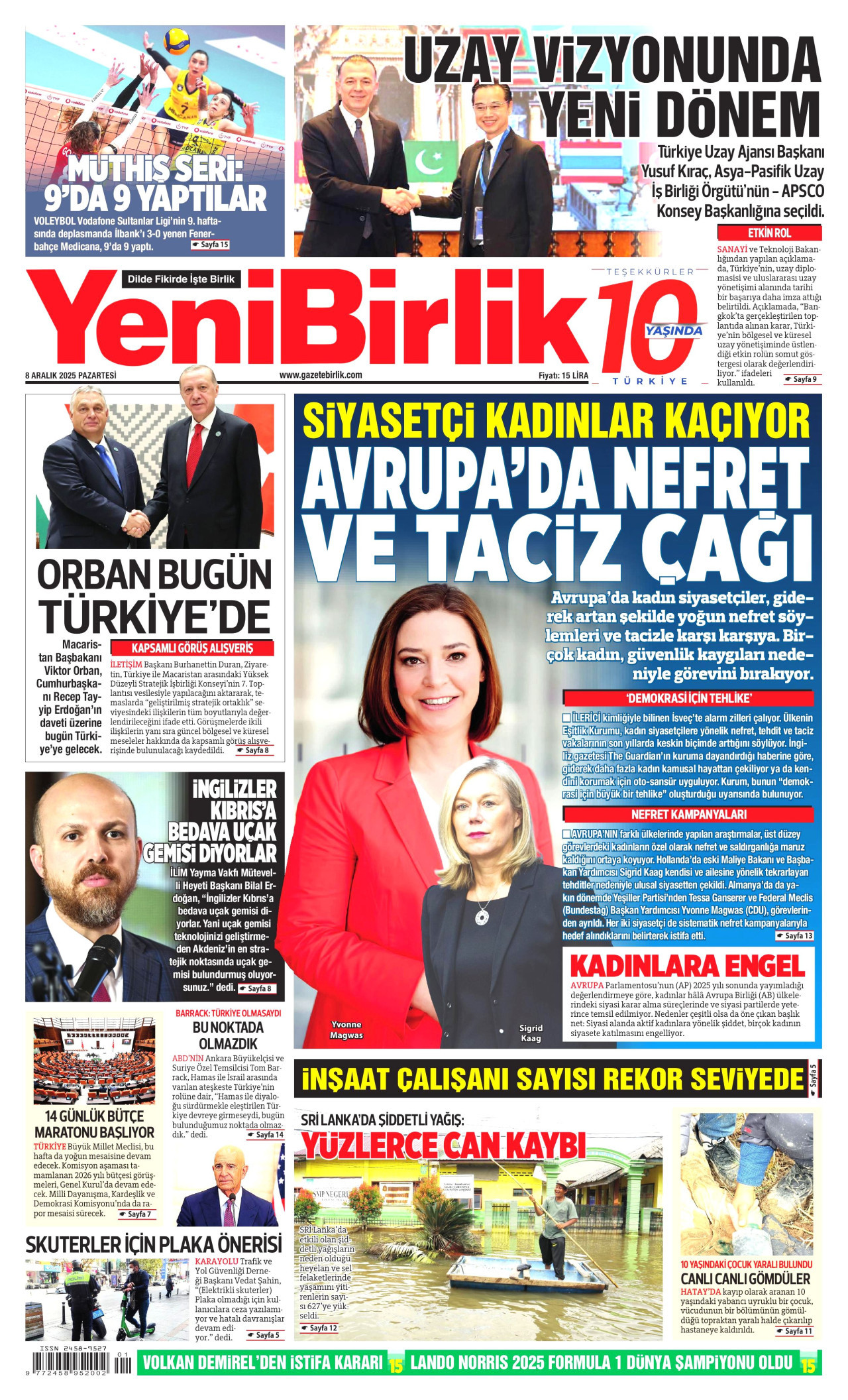 YENİBİRLİK gazetesinin 8 Aralık 2025 tarihli birinci sayfası