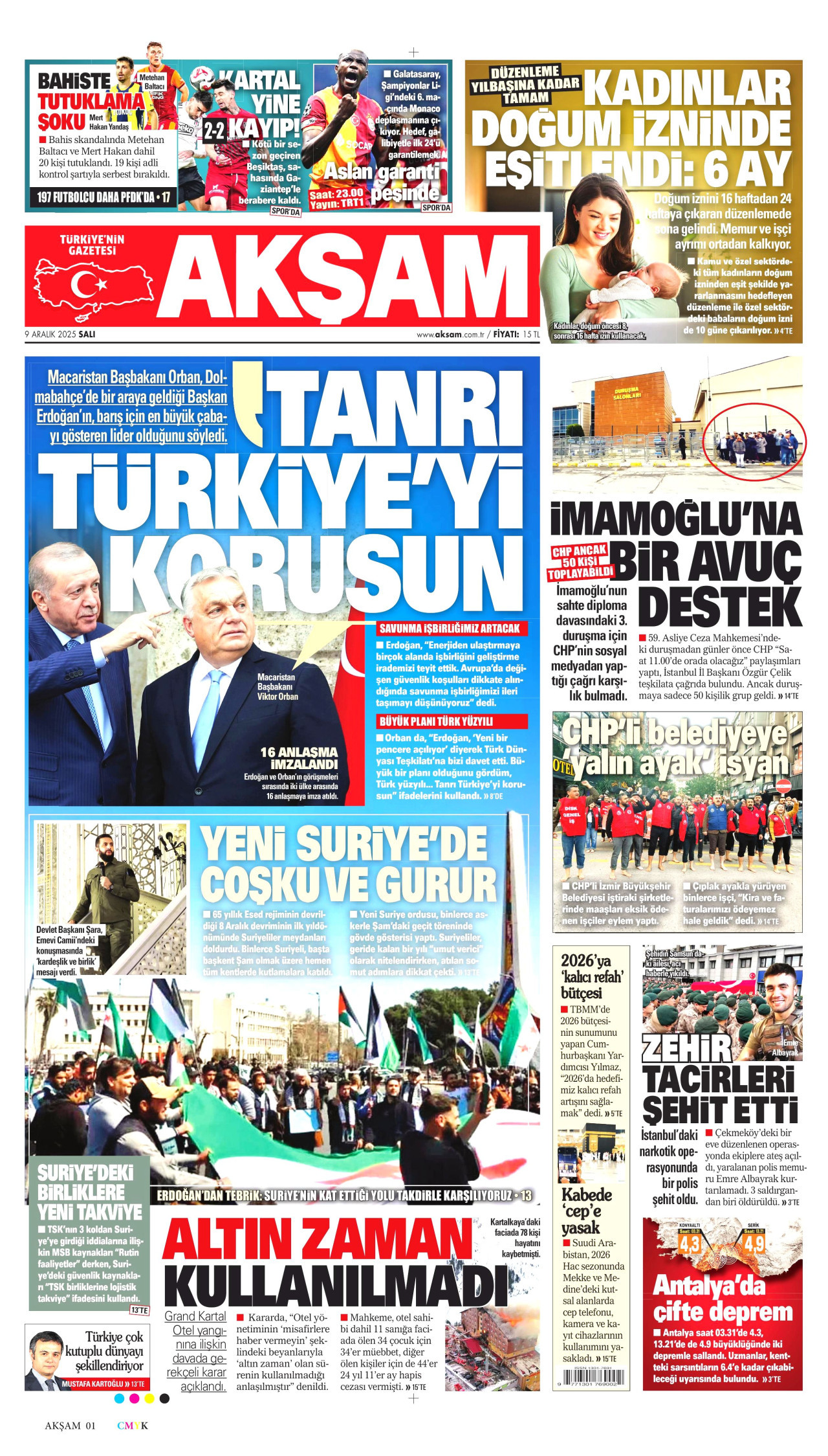 AKŞAM gazetesinin 9 Aralık 2025 tarihli birinci sayfası