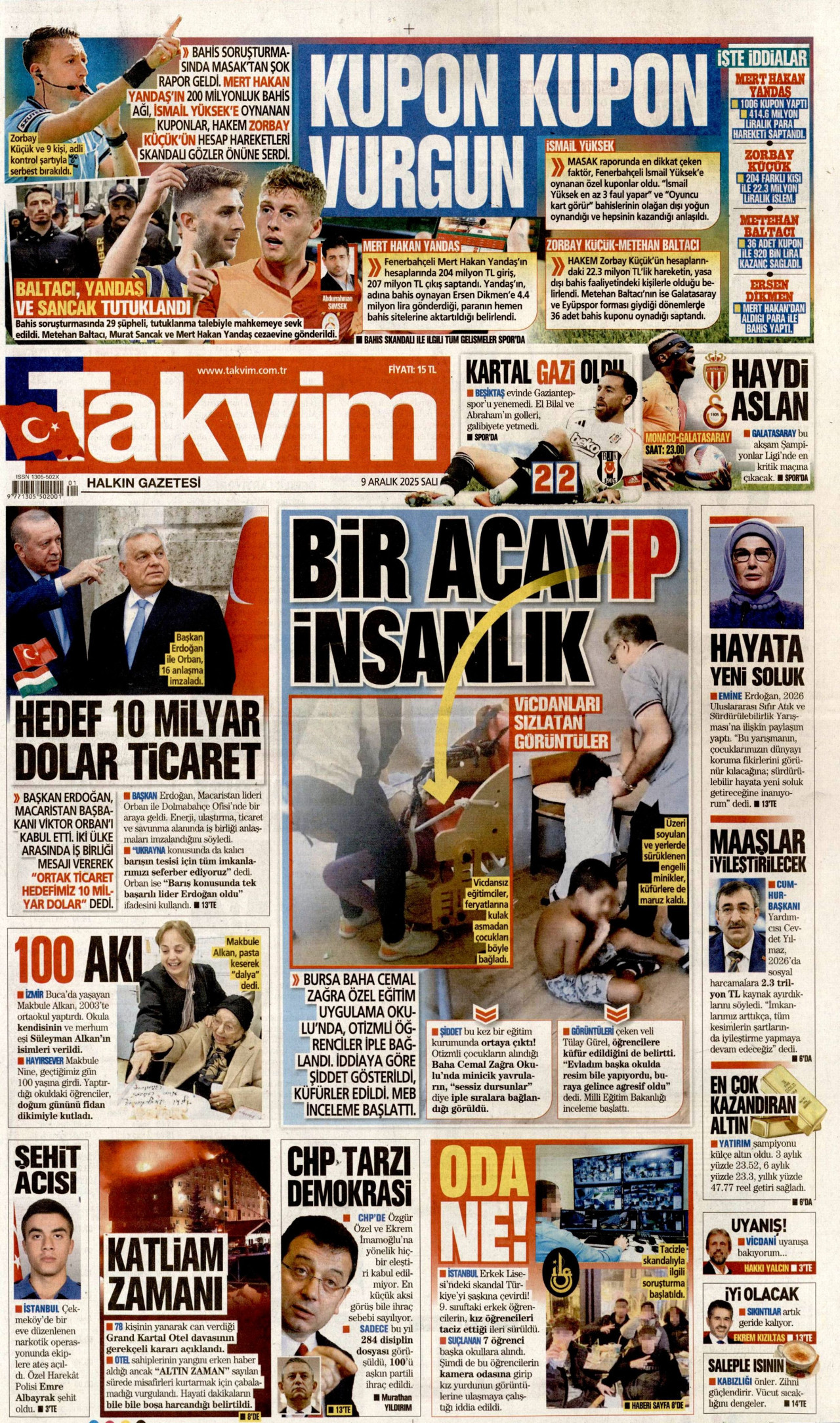 TAKVİM gazetesinin 9 Aralık 2025 tarihli birinci sayfası