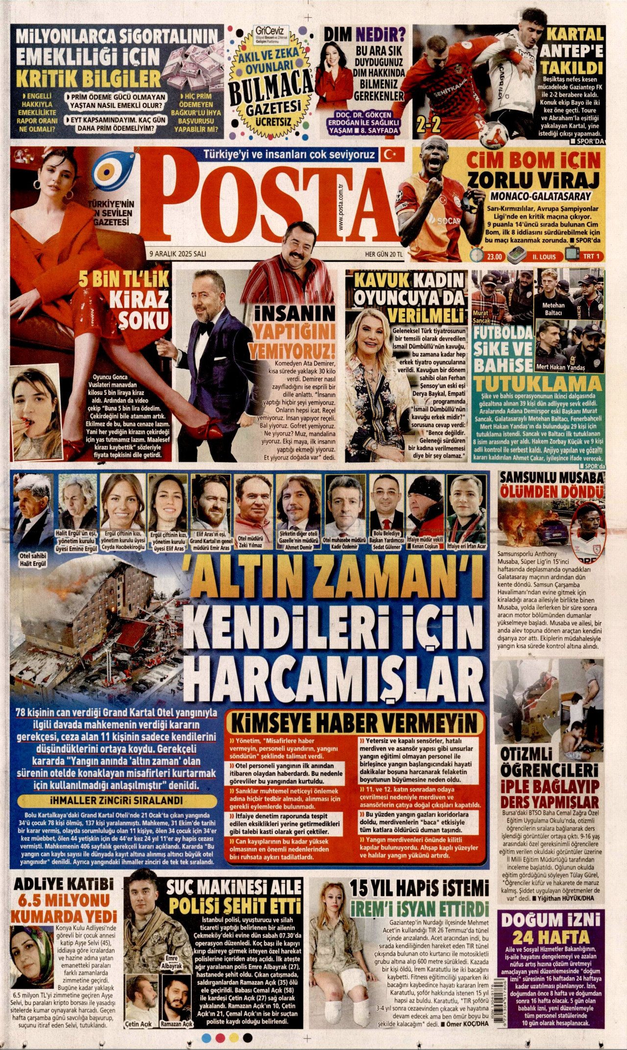 POSTA gazetesinin 9 Aralık 2025 tarihli birinci sayfası