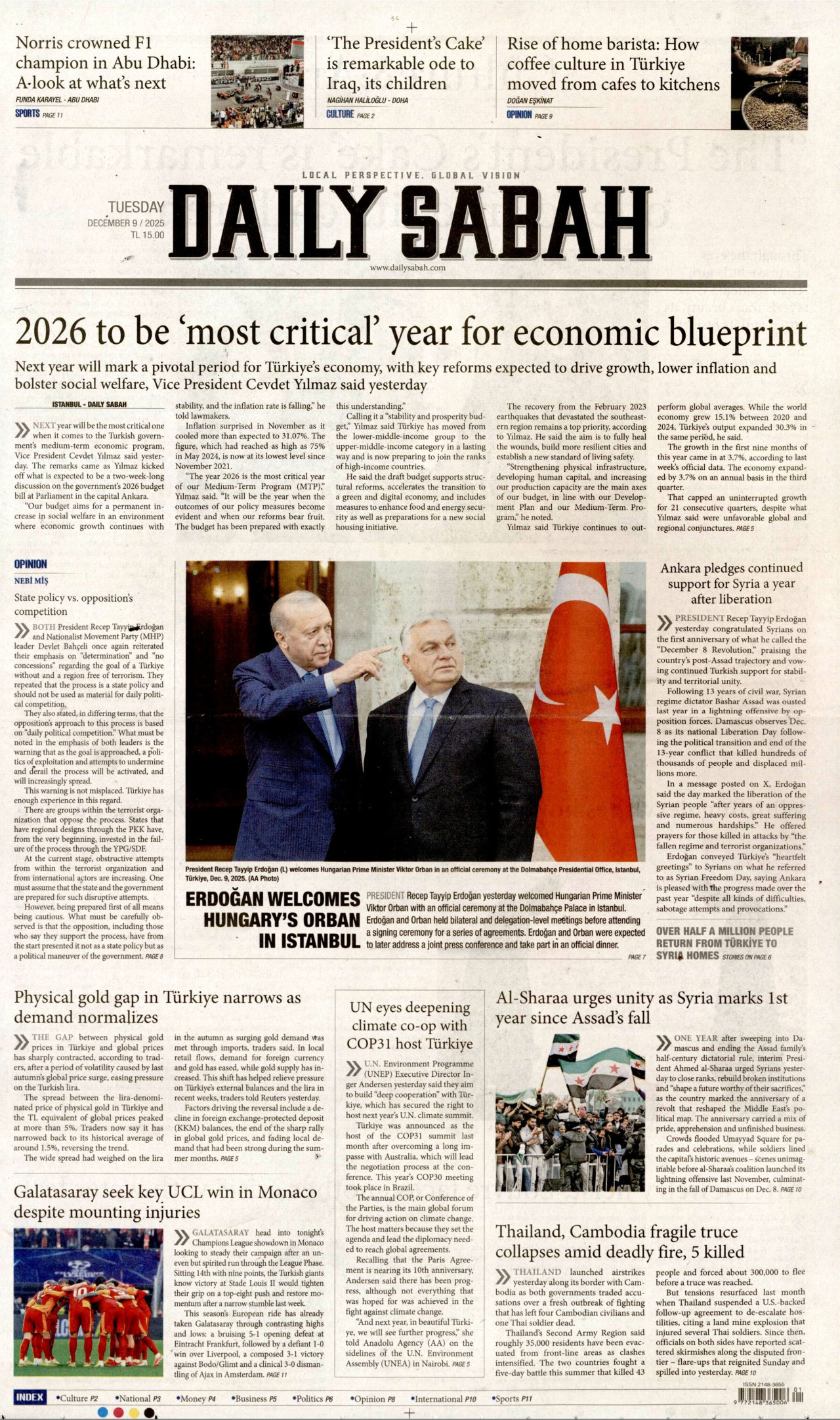 DAİLY SABAH gazetesinin 9 Aralık 2025 tarihli birinci sayfası