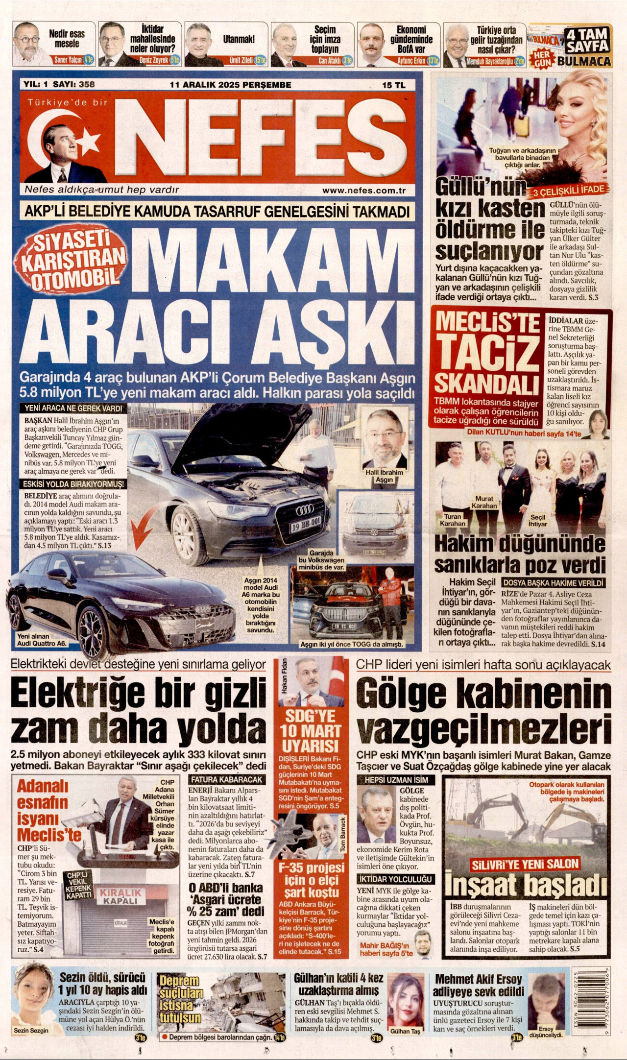 NEFES gazetesinin 11 Aralık 2025 tarihli birinci sayfası