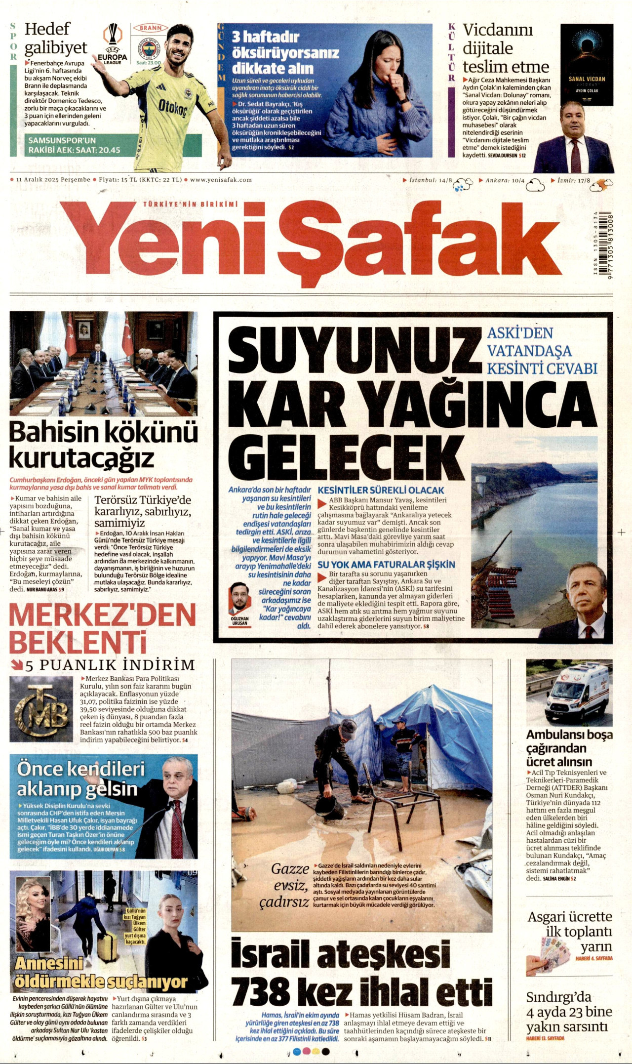 YENİ ŞAFAK gazetesinin 11 Aralık 2025 tarihli birinci sayfası