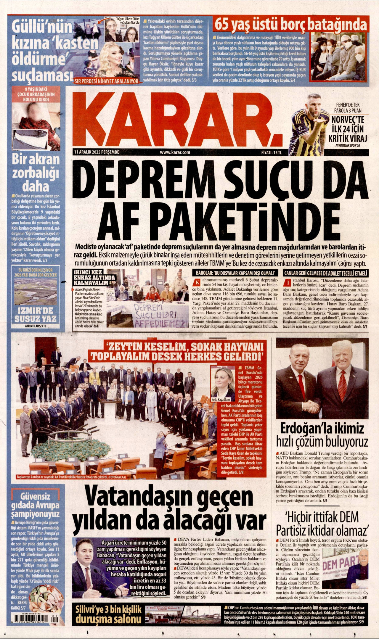 KARAR gazetesinin 11 Aralık 2025 tarihli birinci sayfası