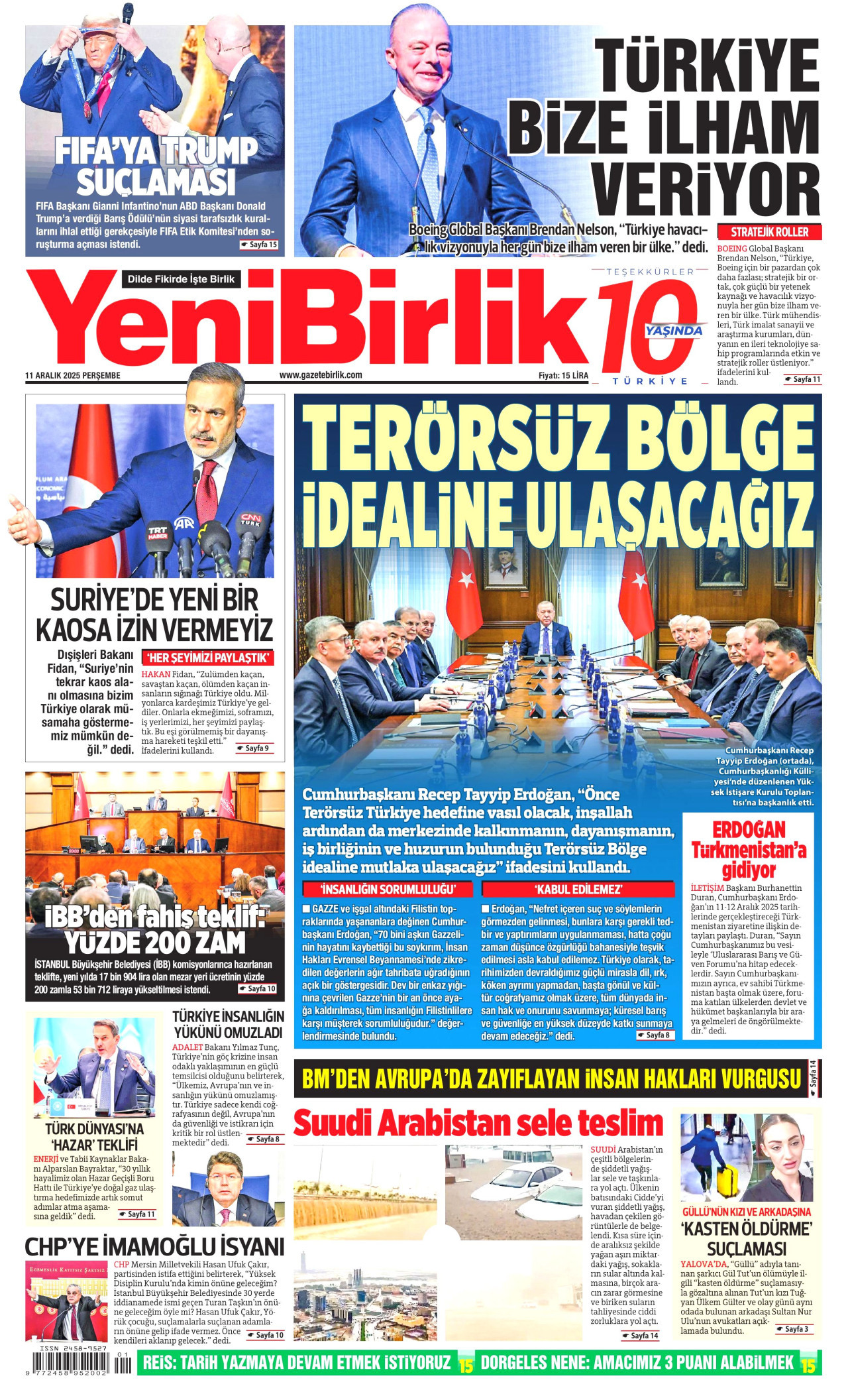 YENİBİRLİK gazetesinin 11 Aralık 2025 tarihli birinci sayfası