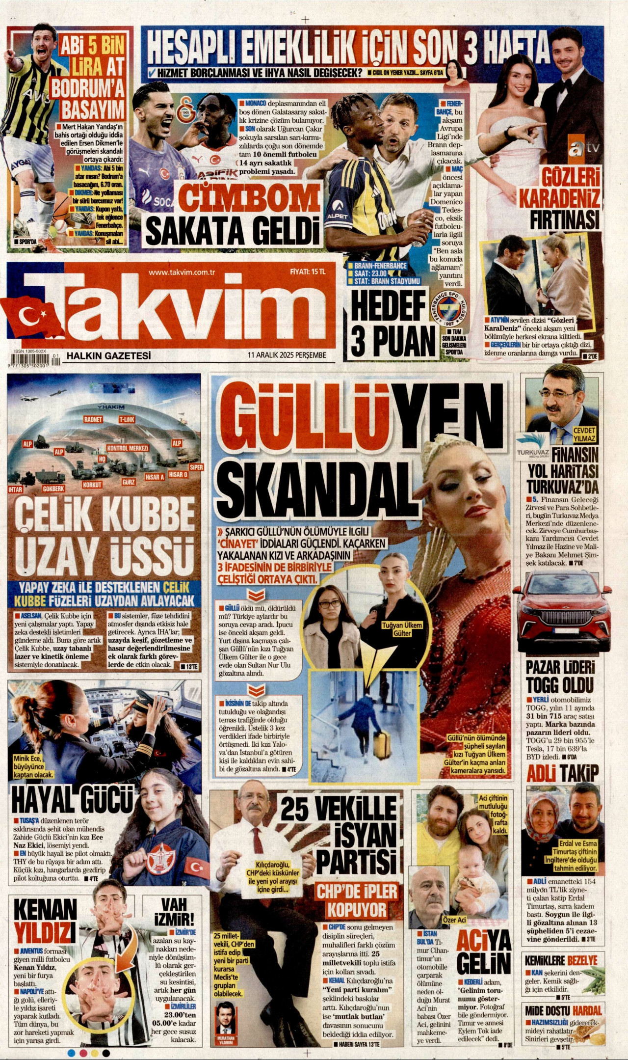 TAKVİM gazetesinin 11 Aralık 2025 tarihli birinci sayfası