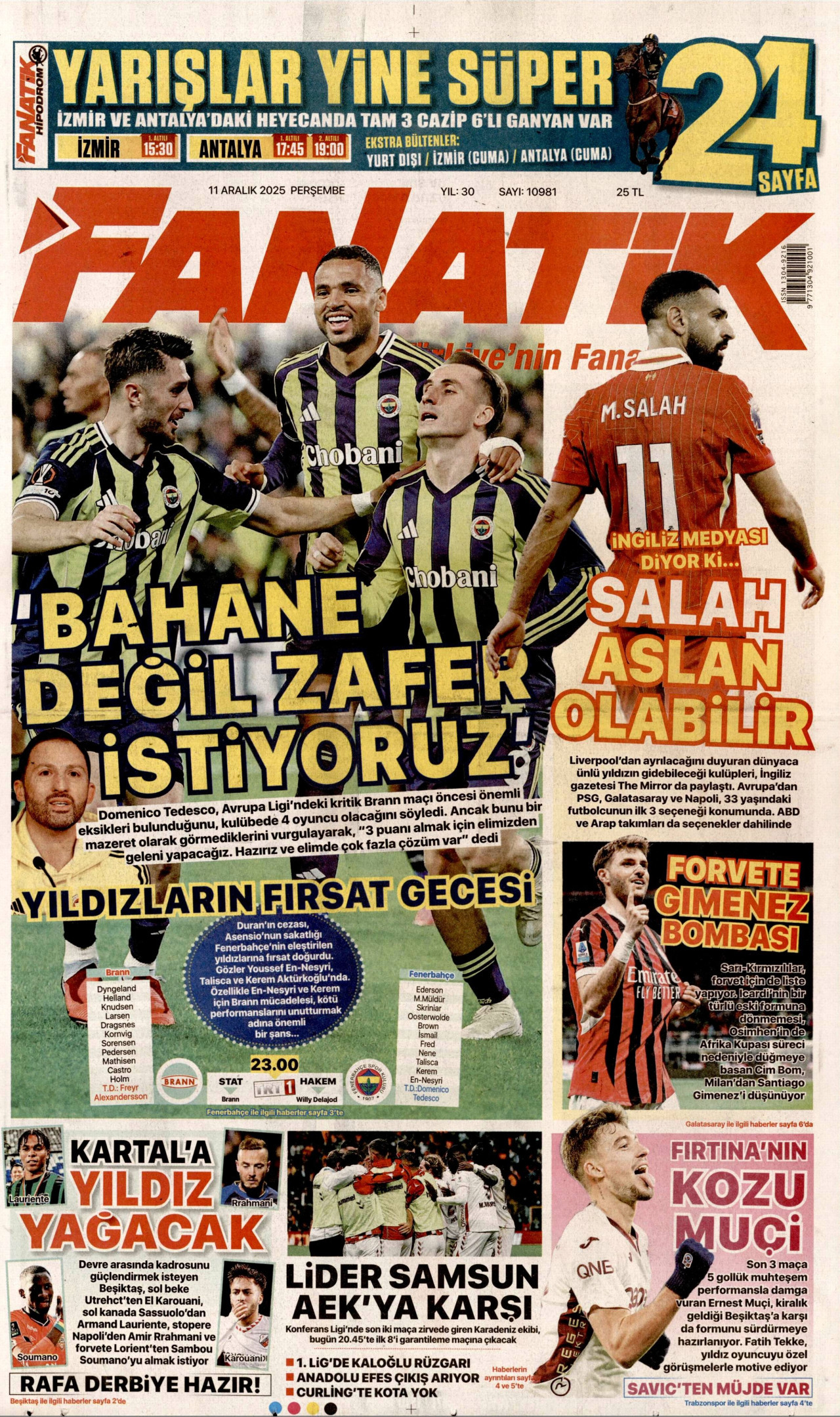 FANATİK gazetesinin 11 Aralık 2025 tarihli birinci sayfası