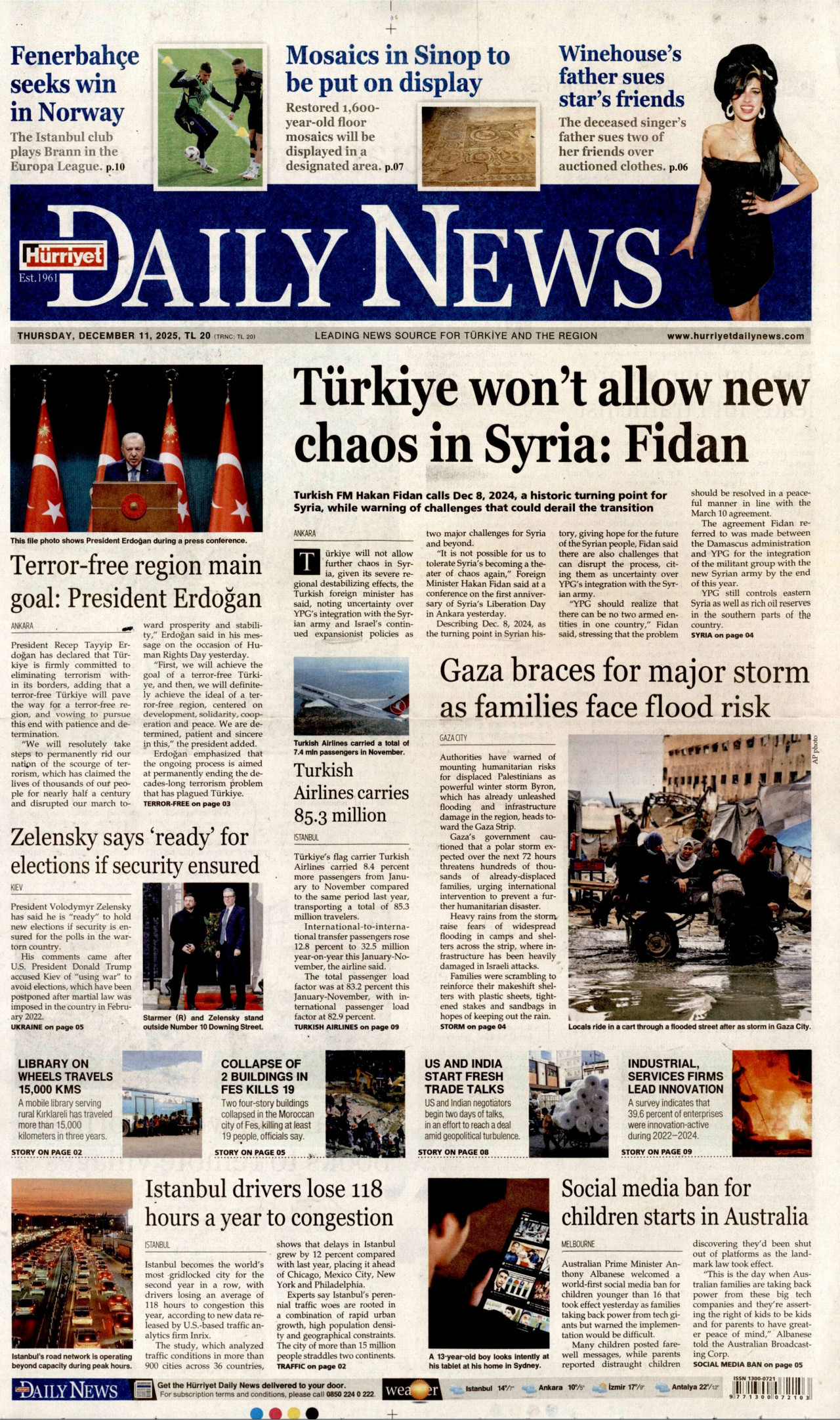 HÜRRİYET DAİLY NEWS gazetesinin 11 Aralık 2025 tarihli birinci sayfası