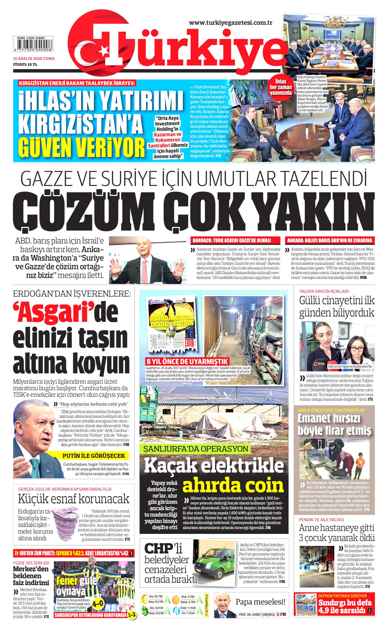 TÜRKİYE GAZETESİ gazetesinin 12 Aralık 2025 tarihli birinci sayfası