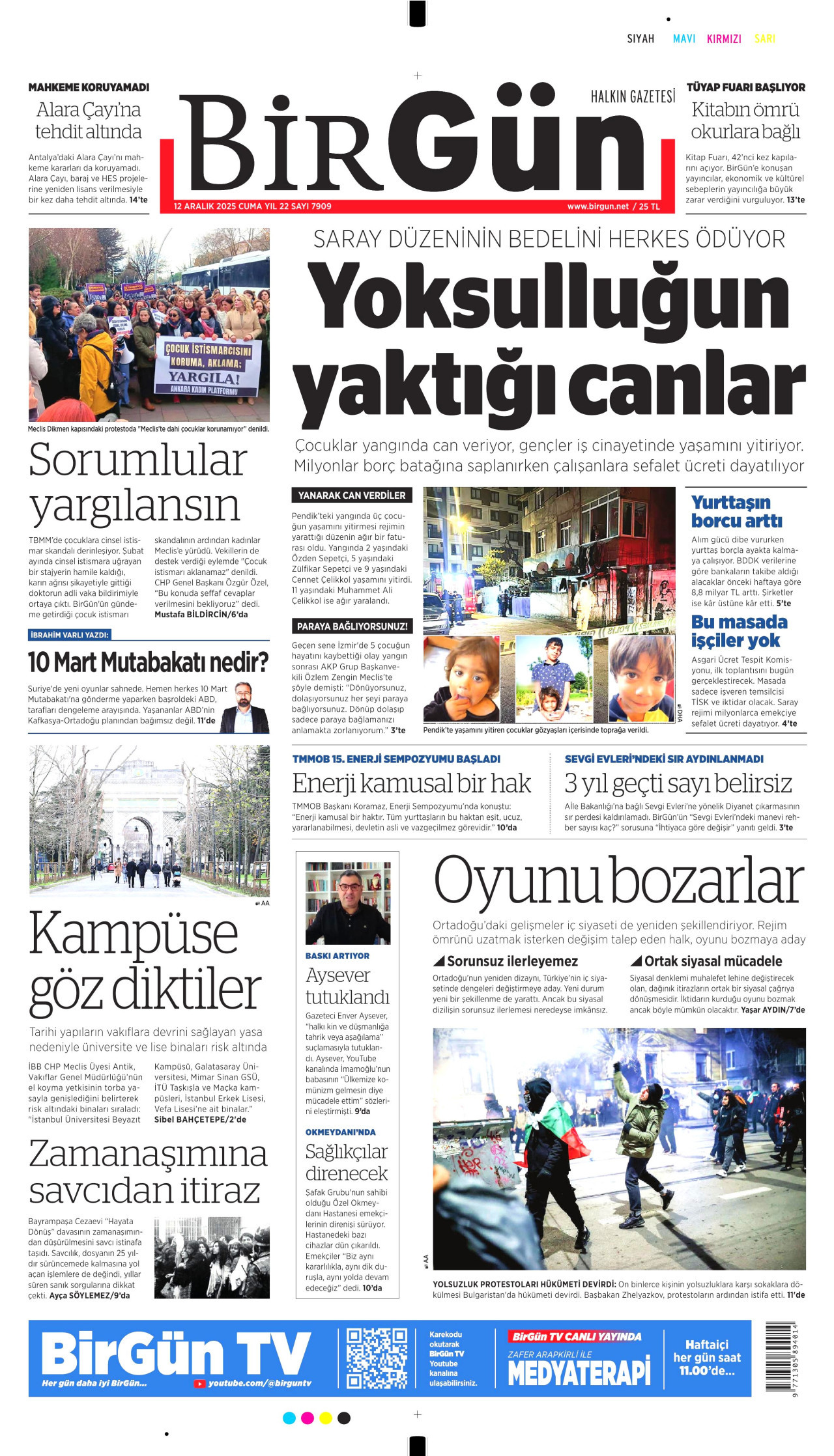 BİRGÜN gazetesinin 12 Aralık 2025 tarihli birinci sayfası