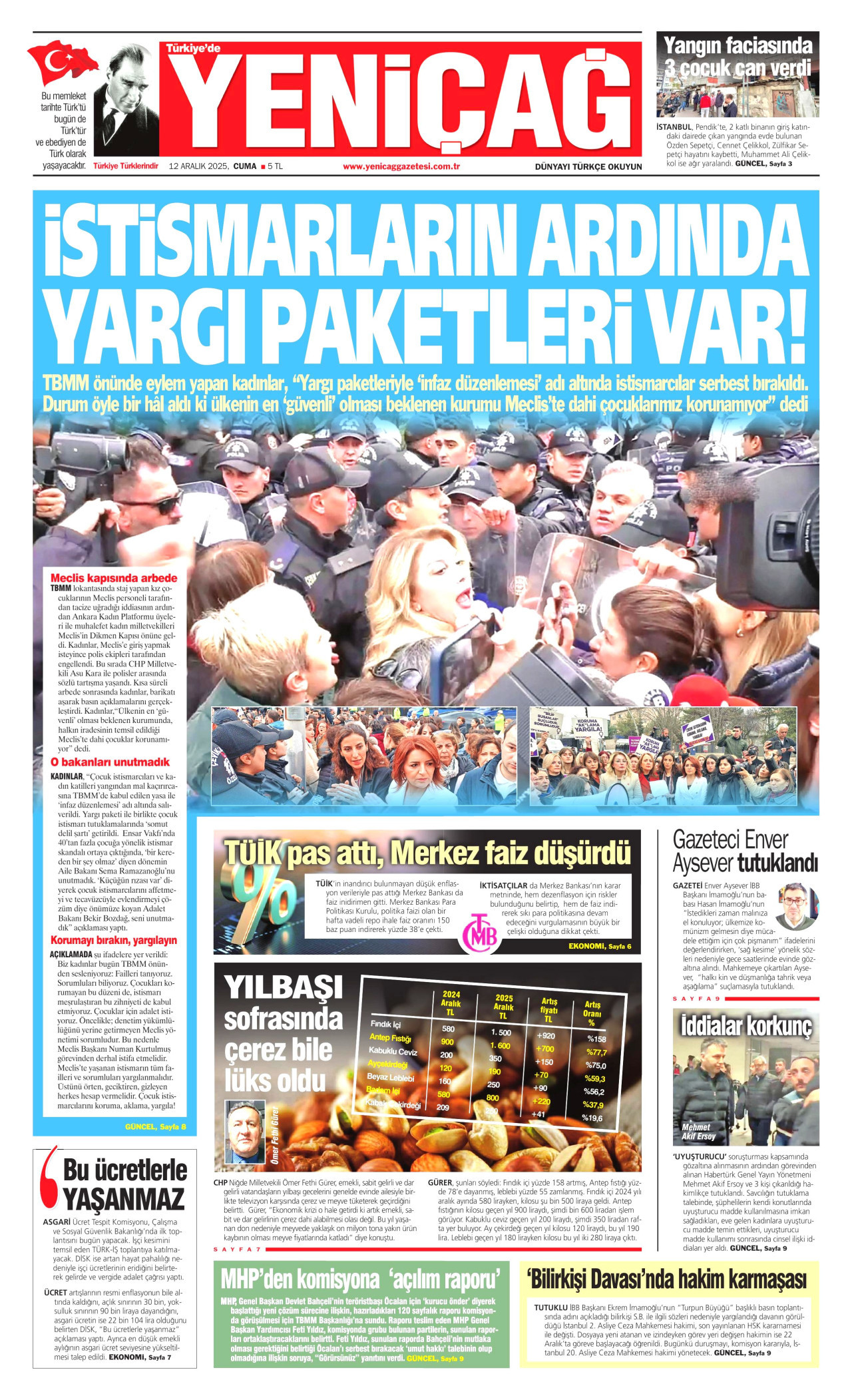 YENİÇAĞ gazetesinin 12 Aralık 2025 tarihli birinci sayfası