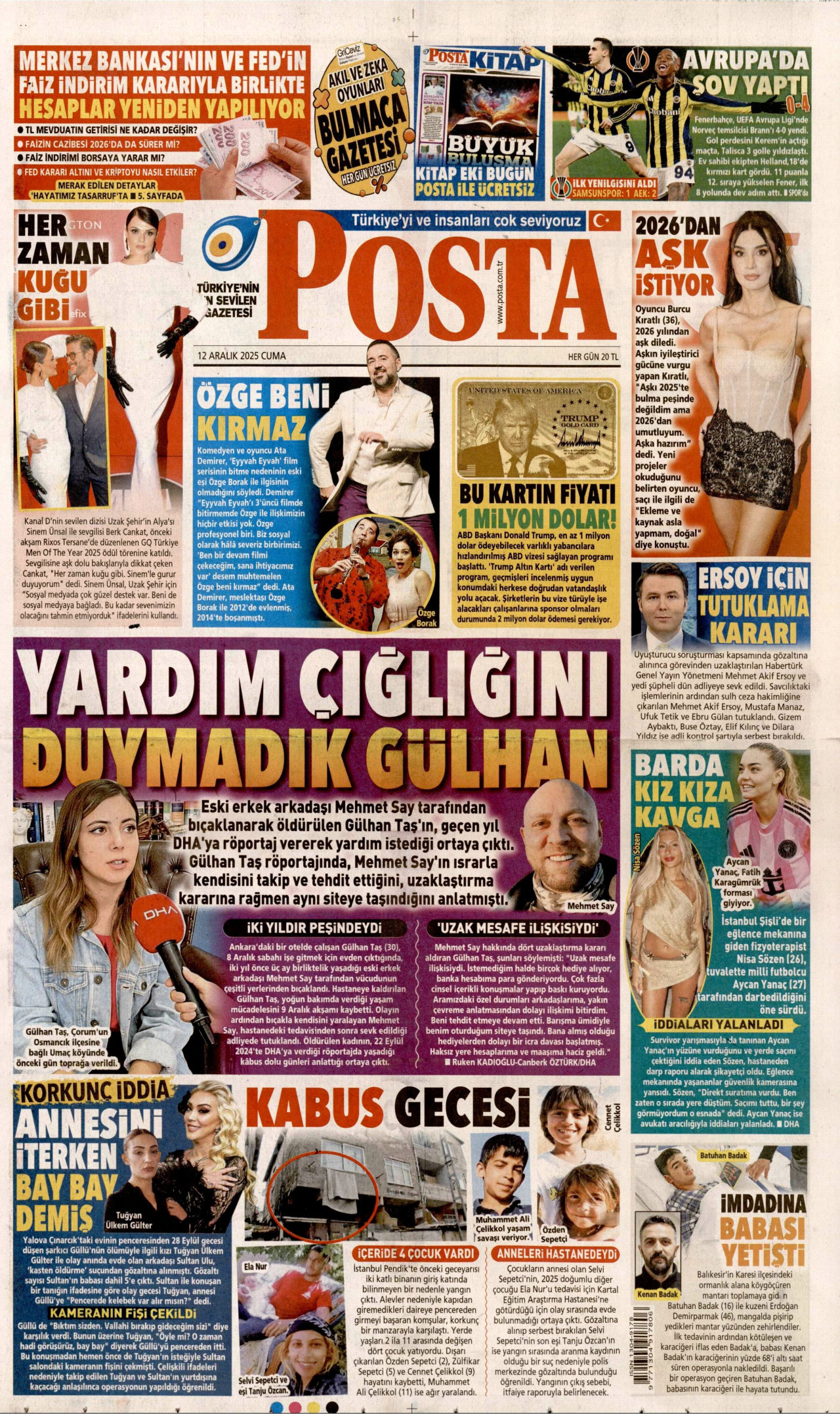 POSTA gazetesinin 12 Aralık 2025 tarihli birinci sayfası