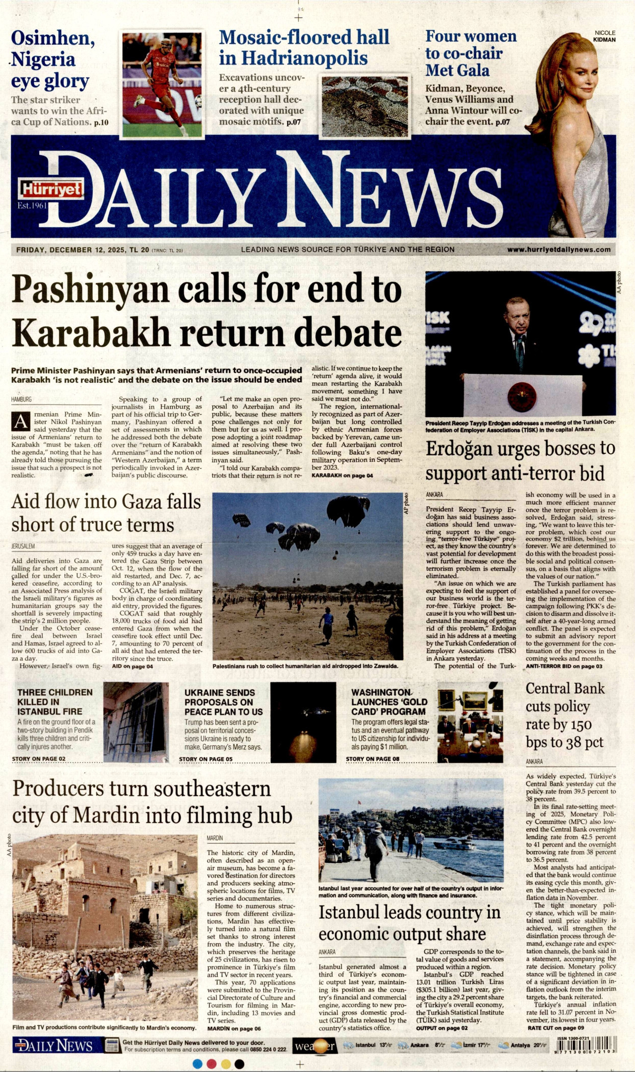 HÜRRİYET DAİLY NEWS gazetesinin 12 Aralık 2025 tarihli birinci sayfası