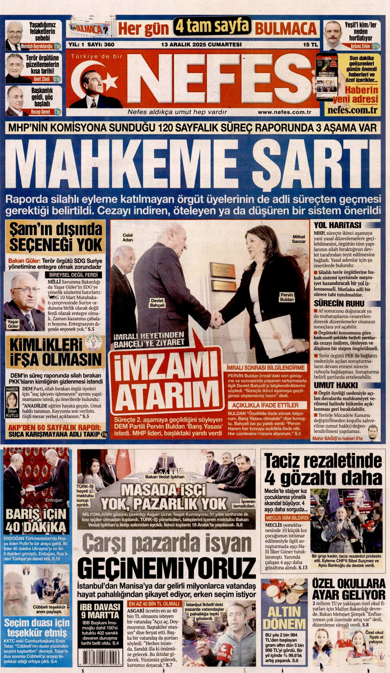 NEFES gazetesinin 13 Aralık 2025 tarihli birinci sayfası