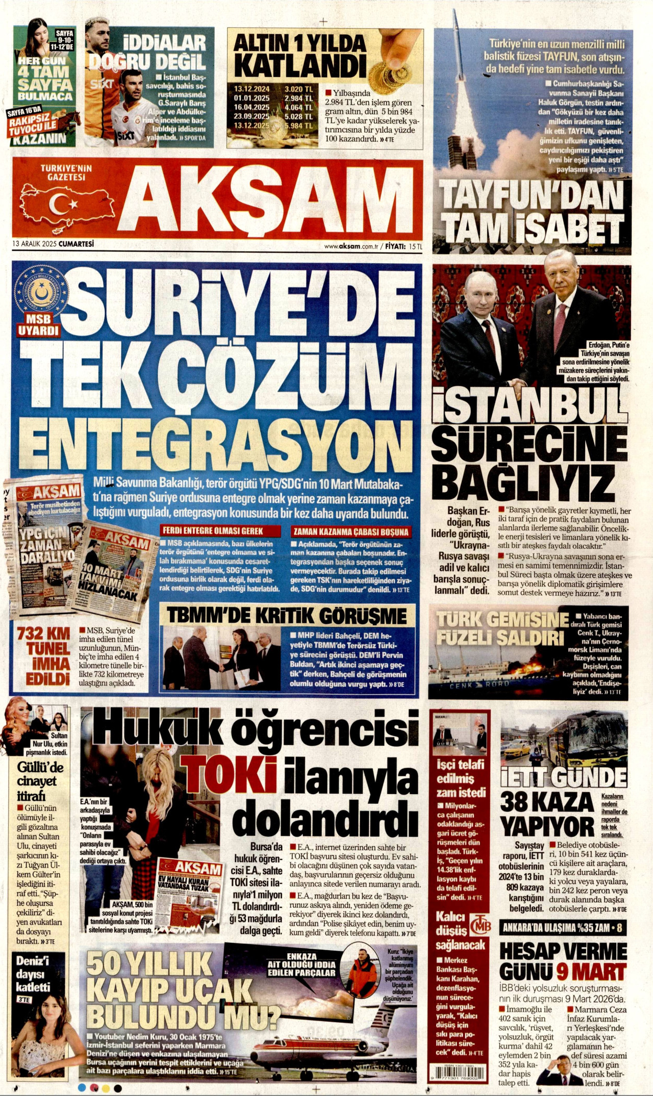 AKŞAM gazetesinin 13 Aralık 2025 tarihli birinci sayfası