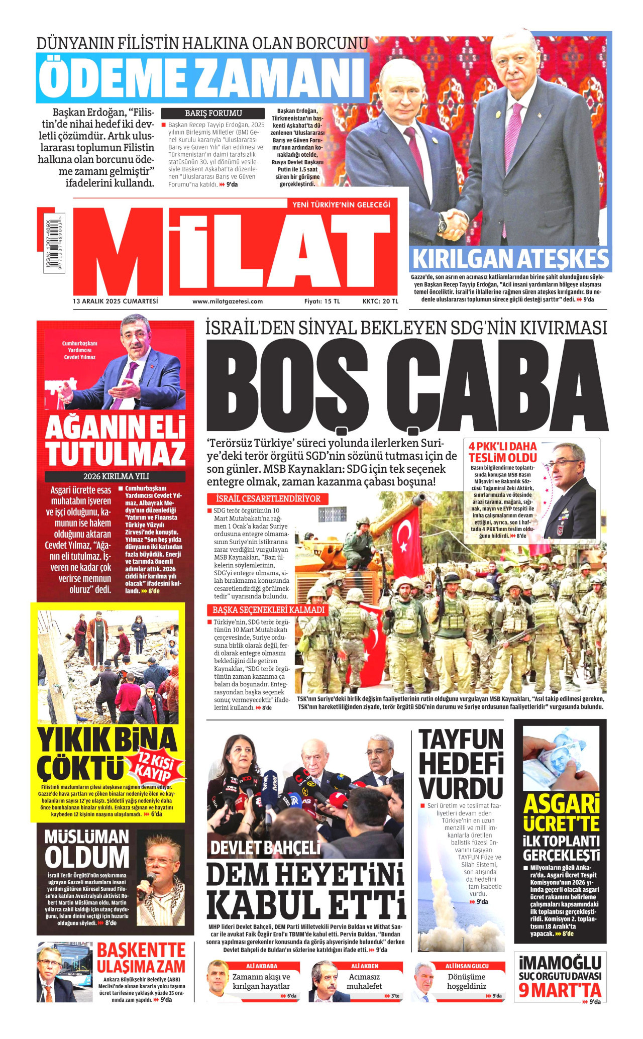 MİLAT gazetesinin 13 Aralık 2025 tarihli birinci sayfası